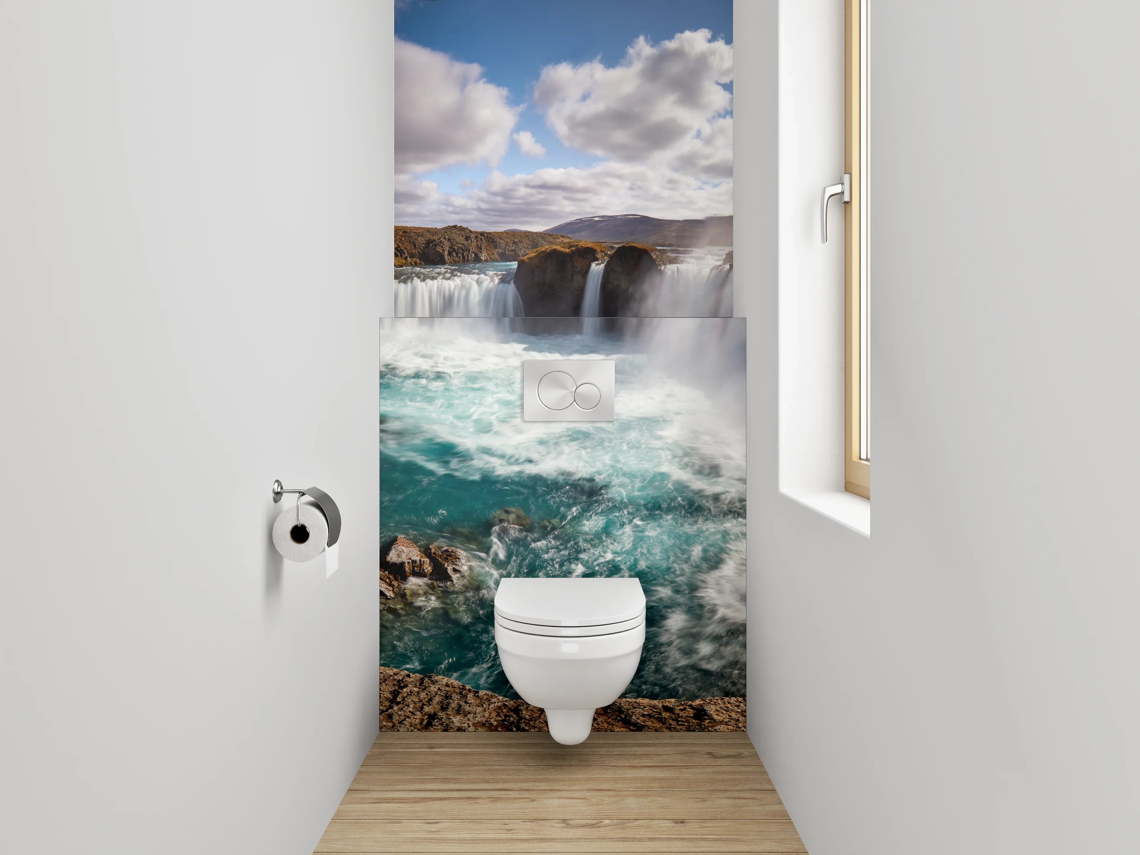 WC-Rückwand - Grauweißes Wasserfall-Inselpanorama