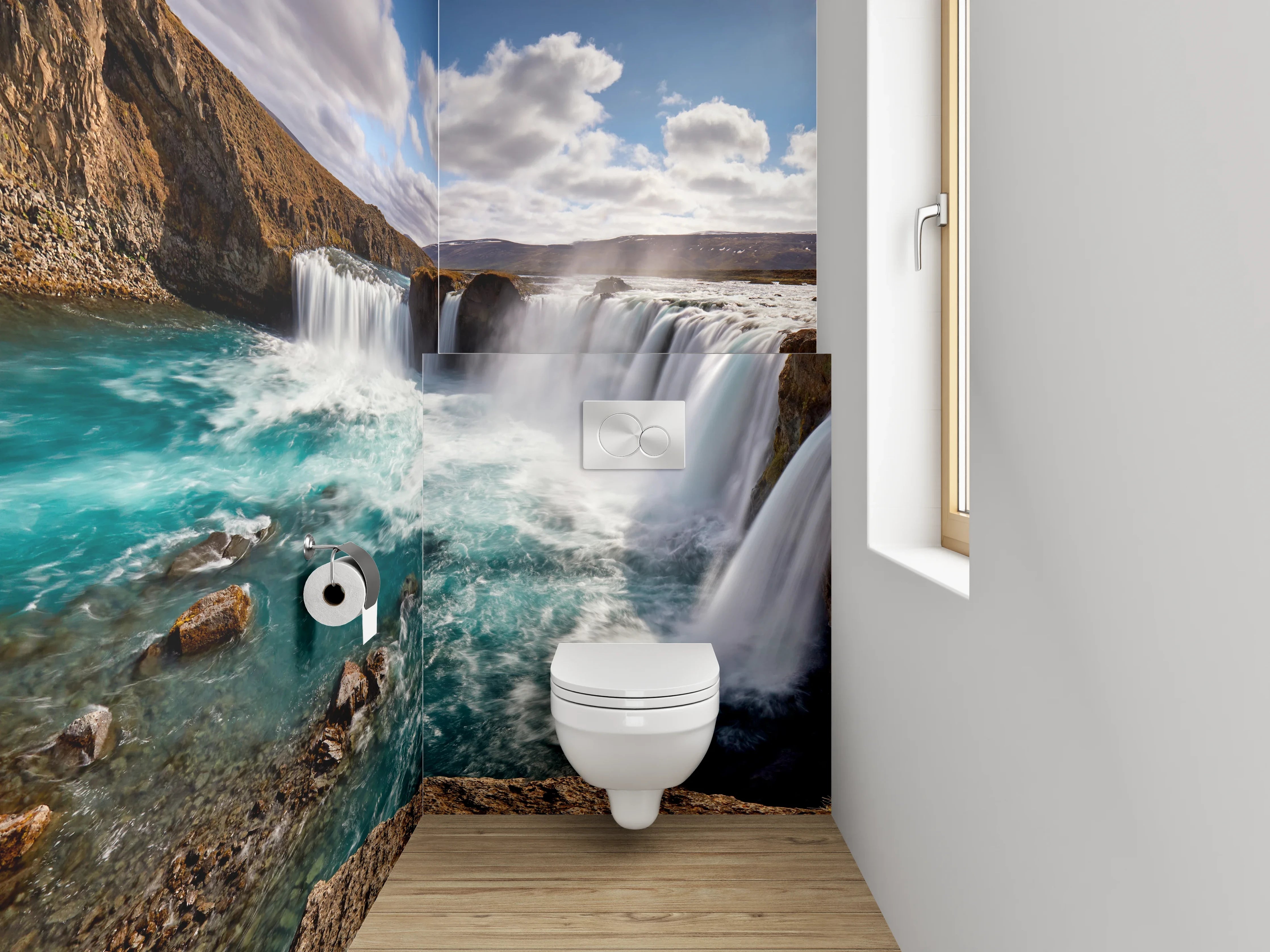 WC-Rückwand - Grauweißes Wasserfall-Inselpanorama