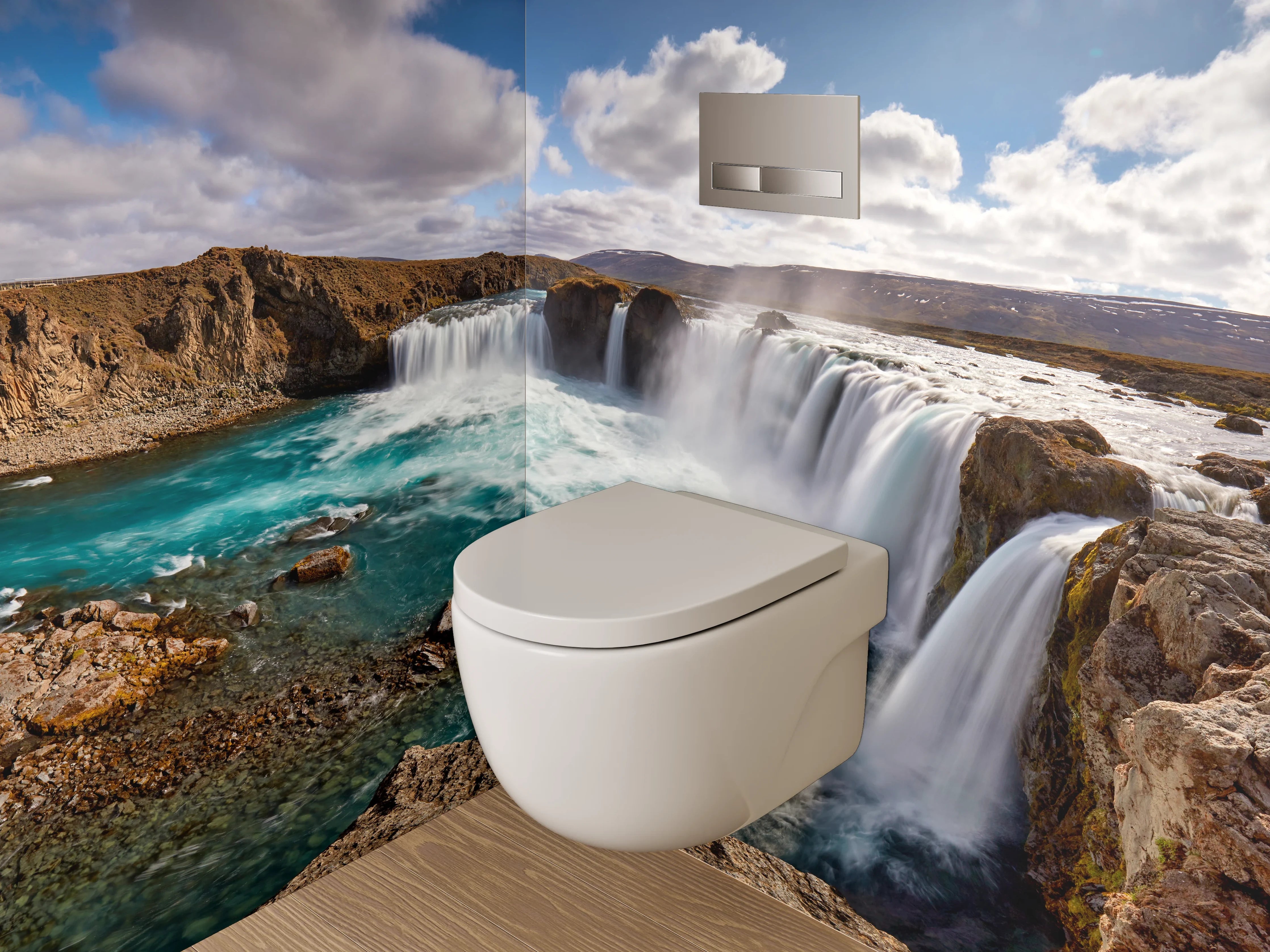 WC-Rückwand - Grauweißes Wasserfall-Inselpanorama