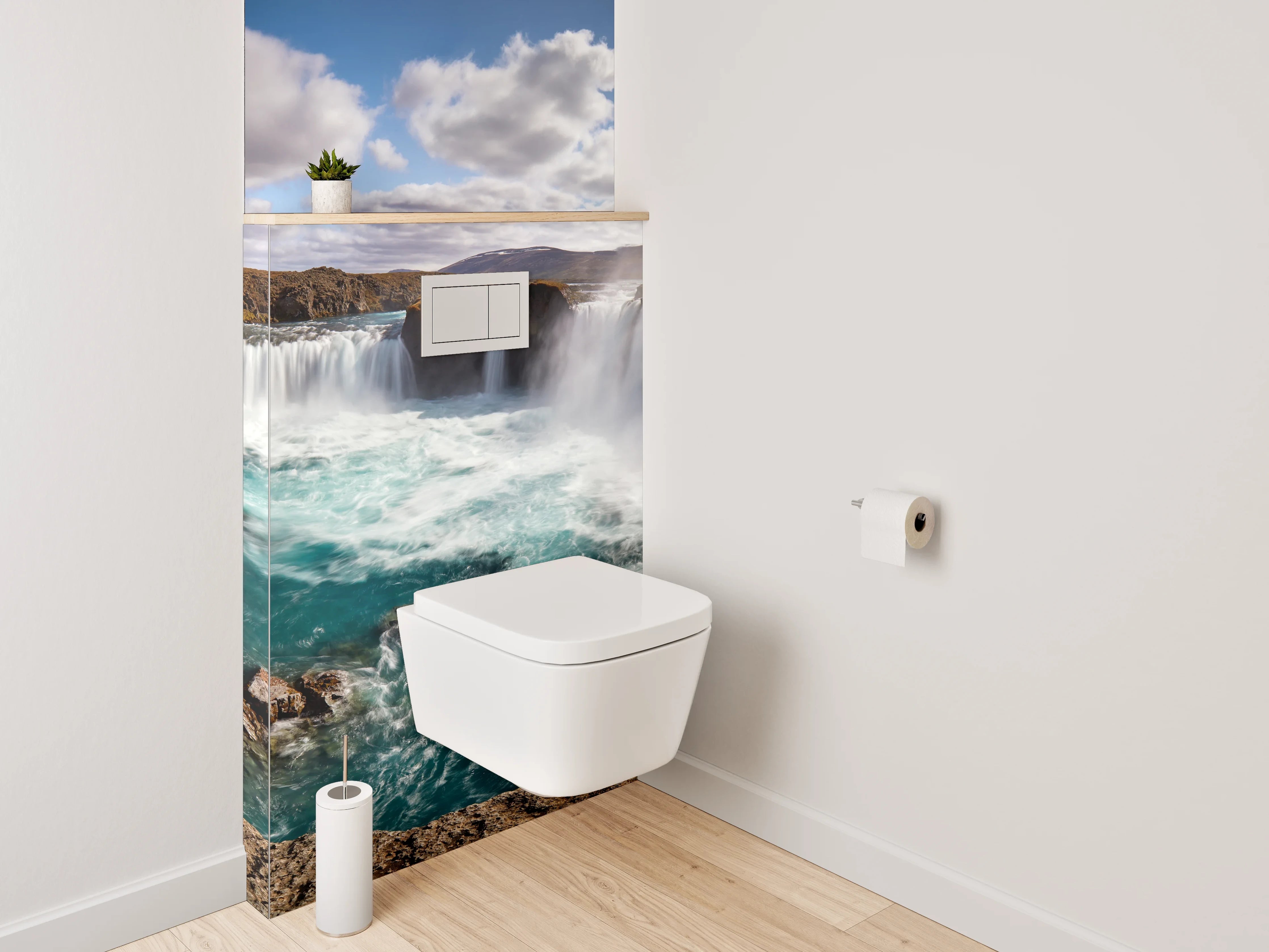 WC-Rückwand - Grauweißes Wasserfall-Inselpanorama
