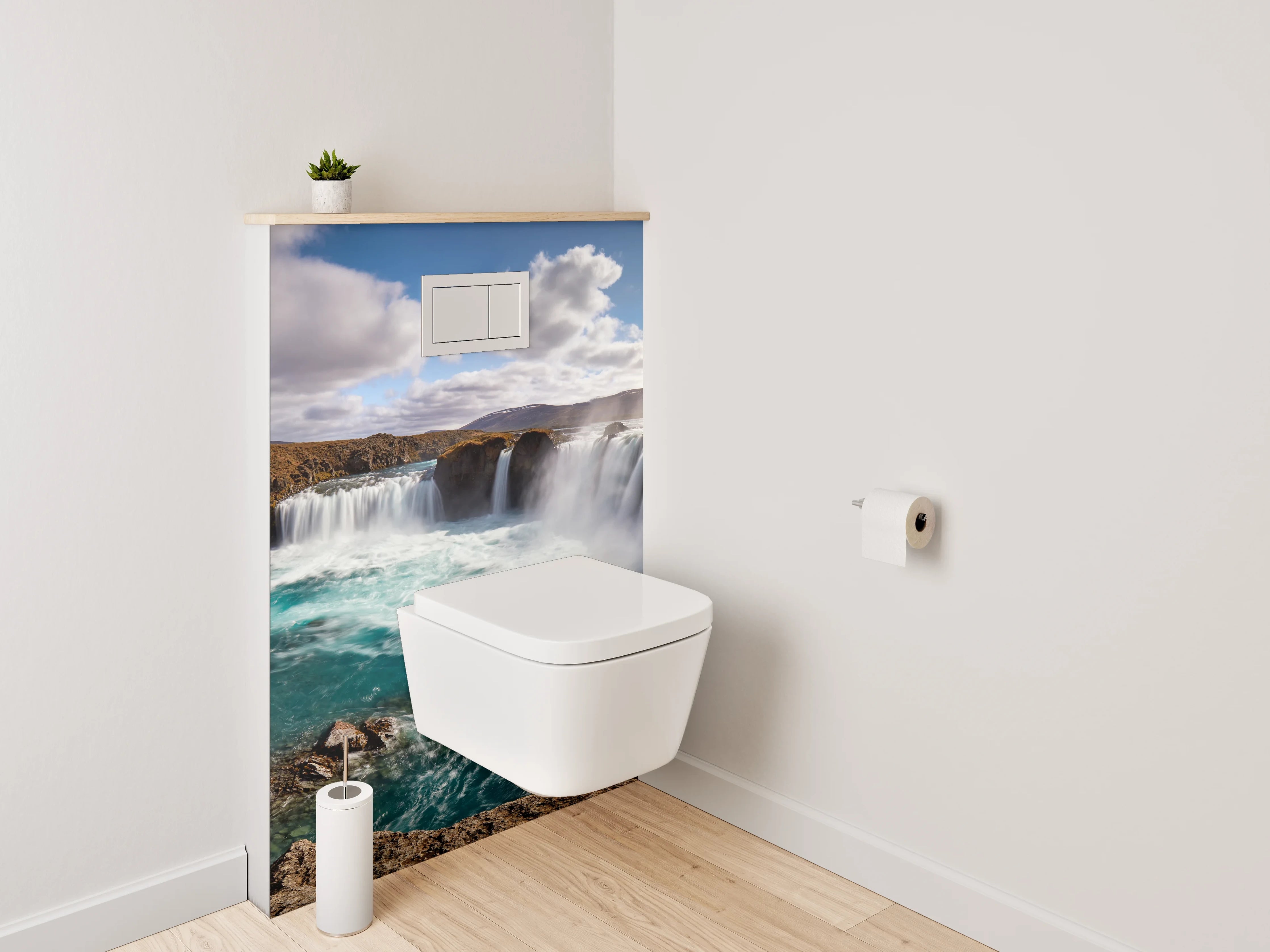 WC-Rückwand - Grauweißes Wasserfall-Inselpanorama