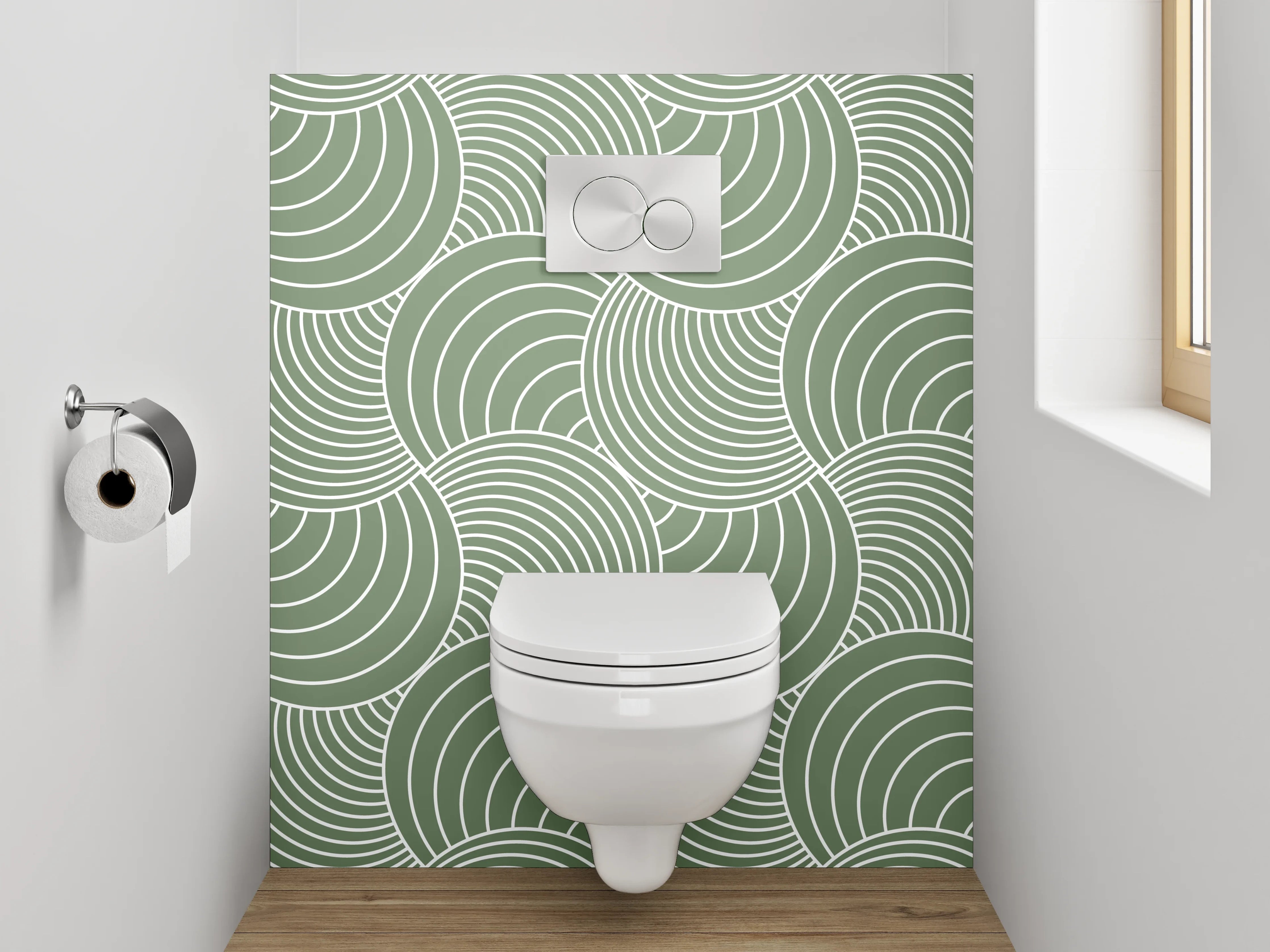 WC-Rückwand - Grün-Graues Wellenornament auf Weiß
