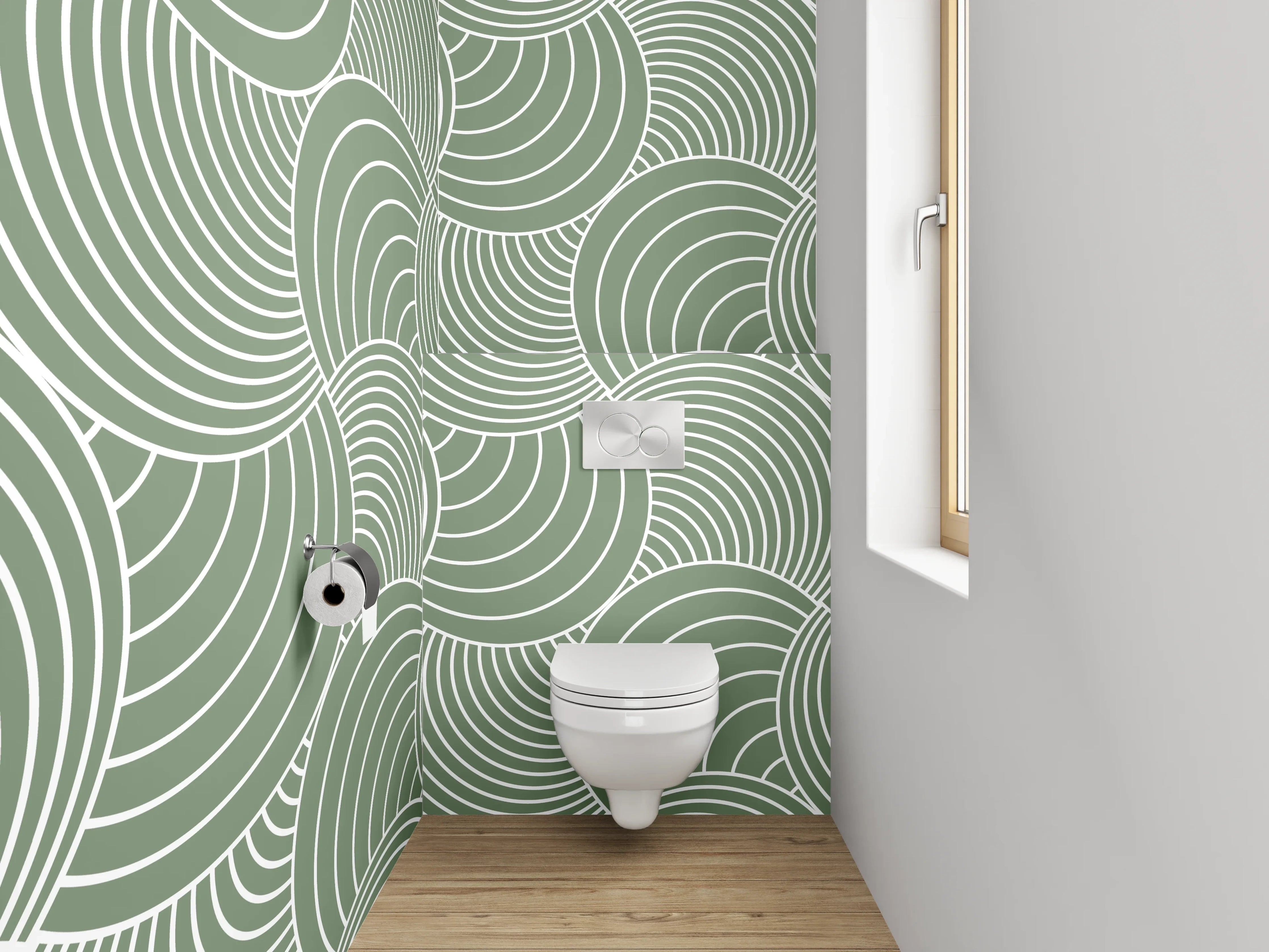 WC-Rückwand - Grün-Graues Wellenornament auf Weiß
