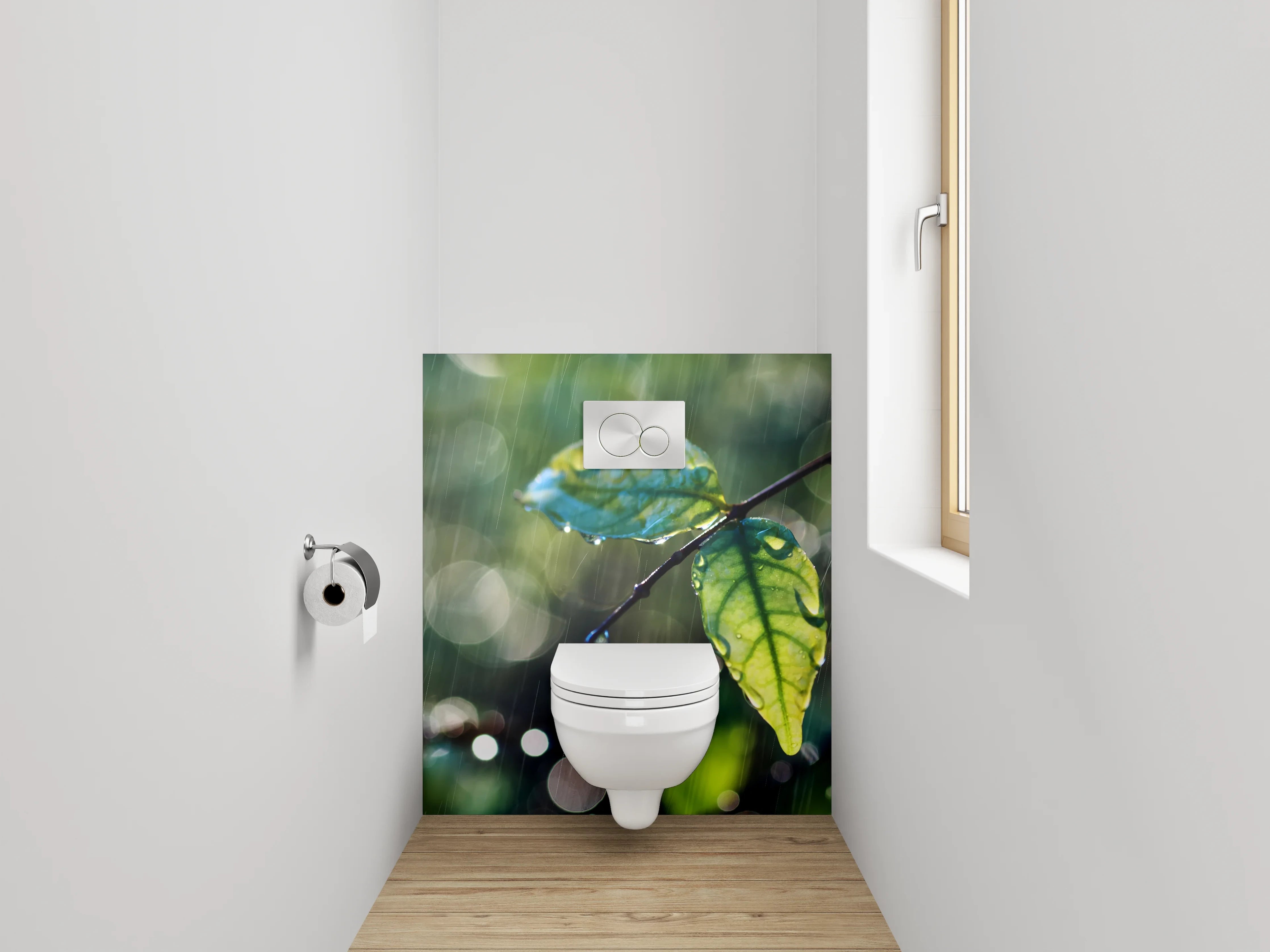 WC-Rückwand - Grüne Blätter im sanften Regen