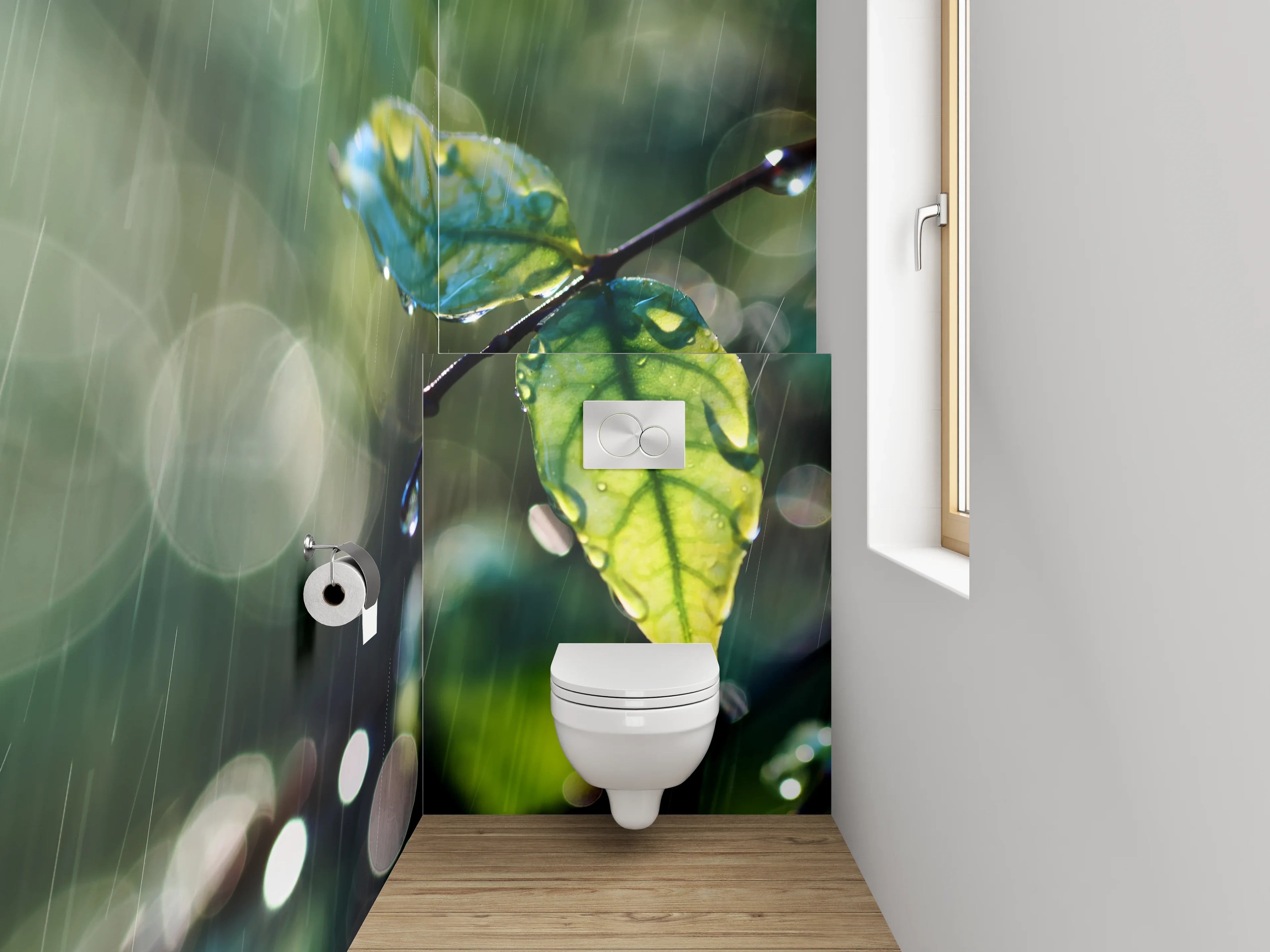 WC-Rückwand - Grüne Blätter im sanften Regen