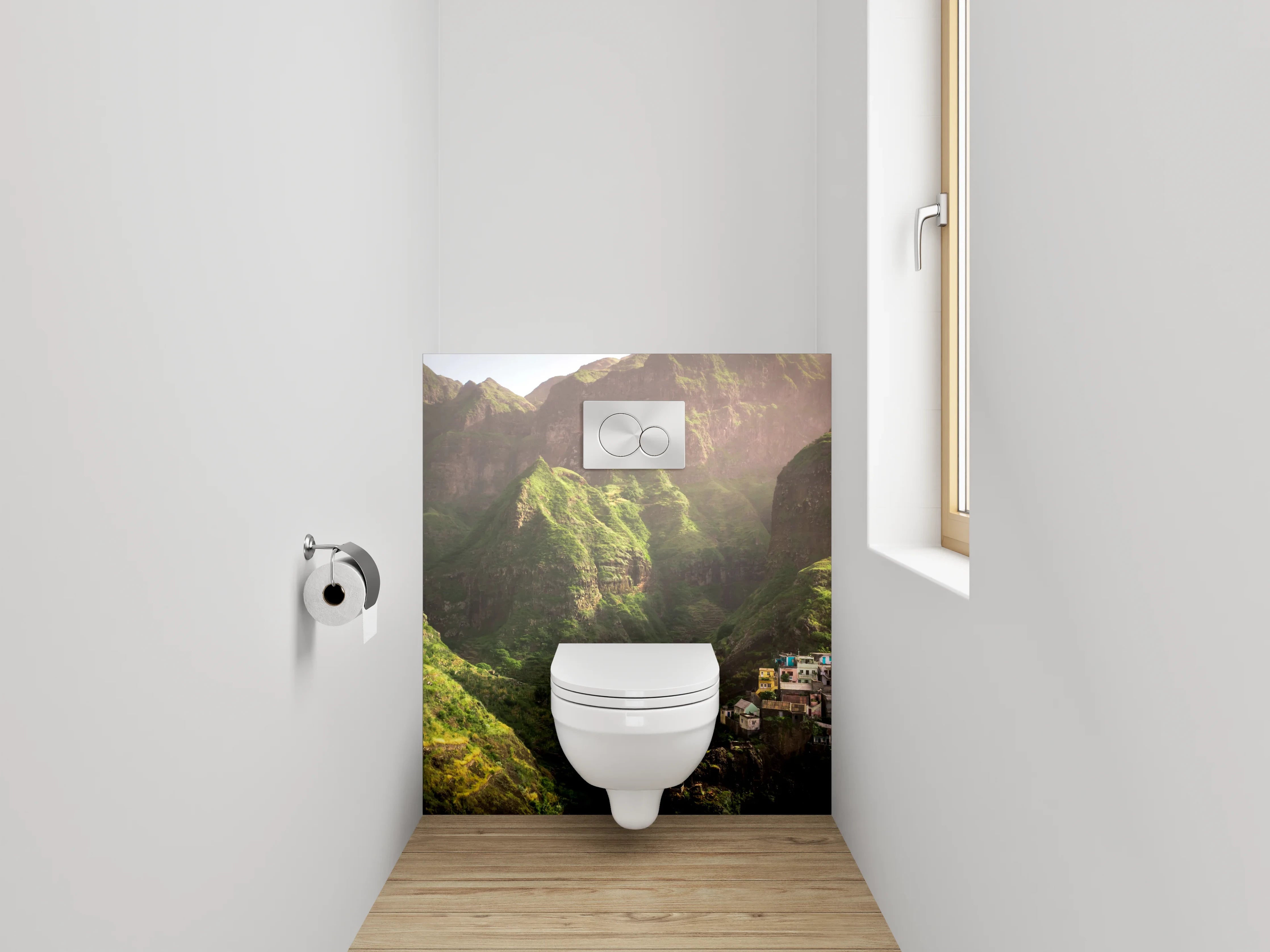 WC-Rückwand - Grüne Gebirgslandschaft mit Dorf