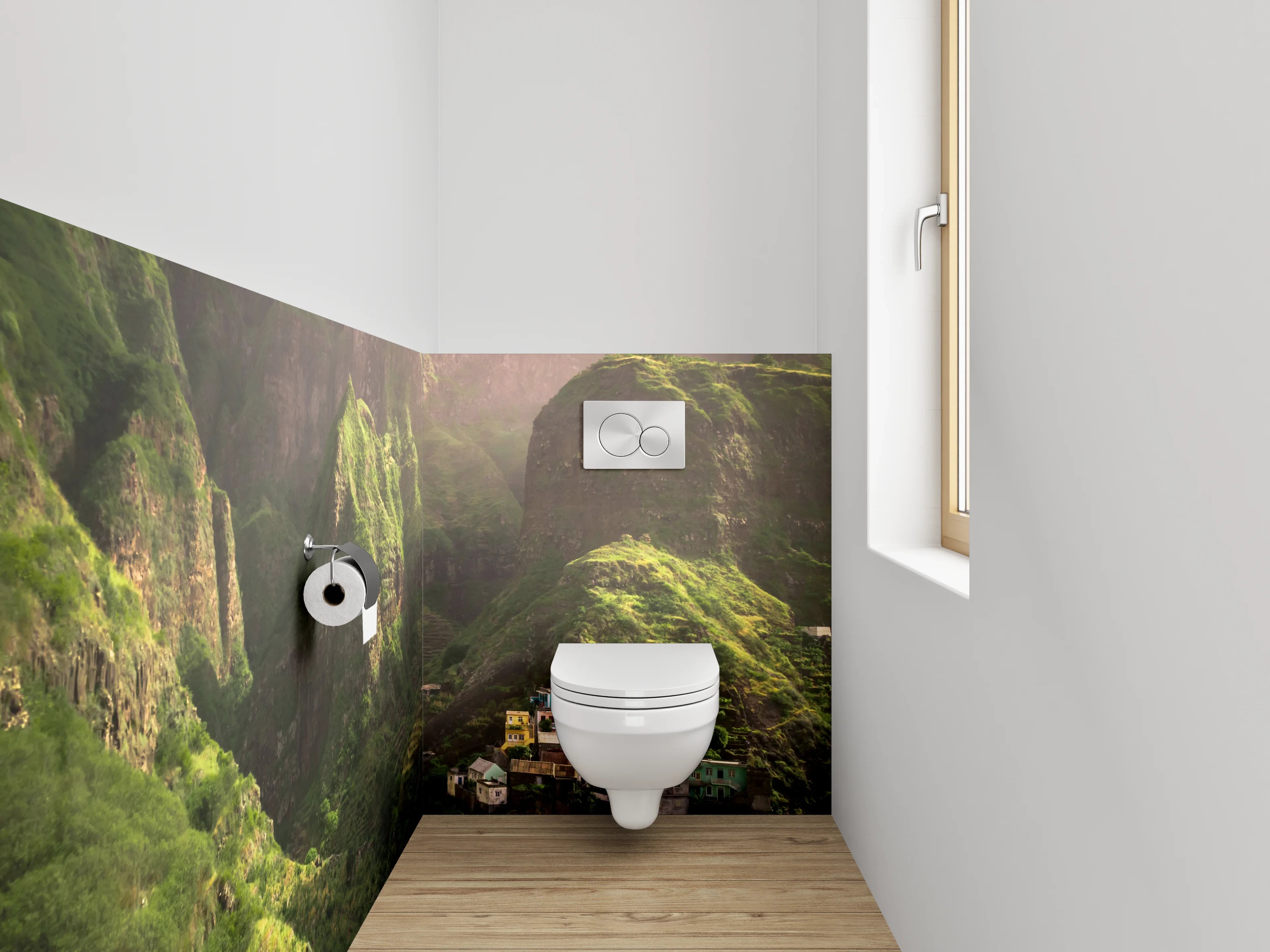 WC-Rückwand - Grüne Gebirgslandschaft mit Dorf