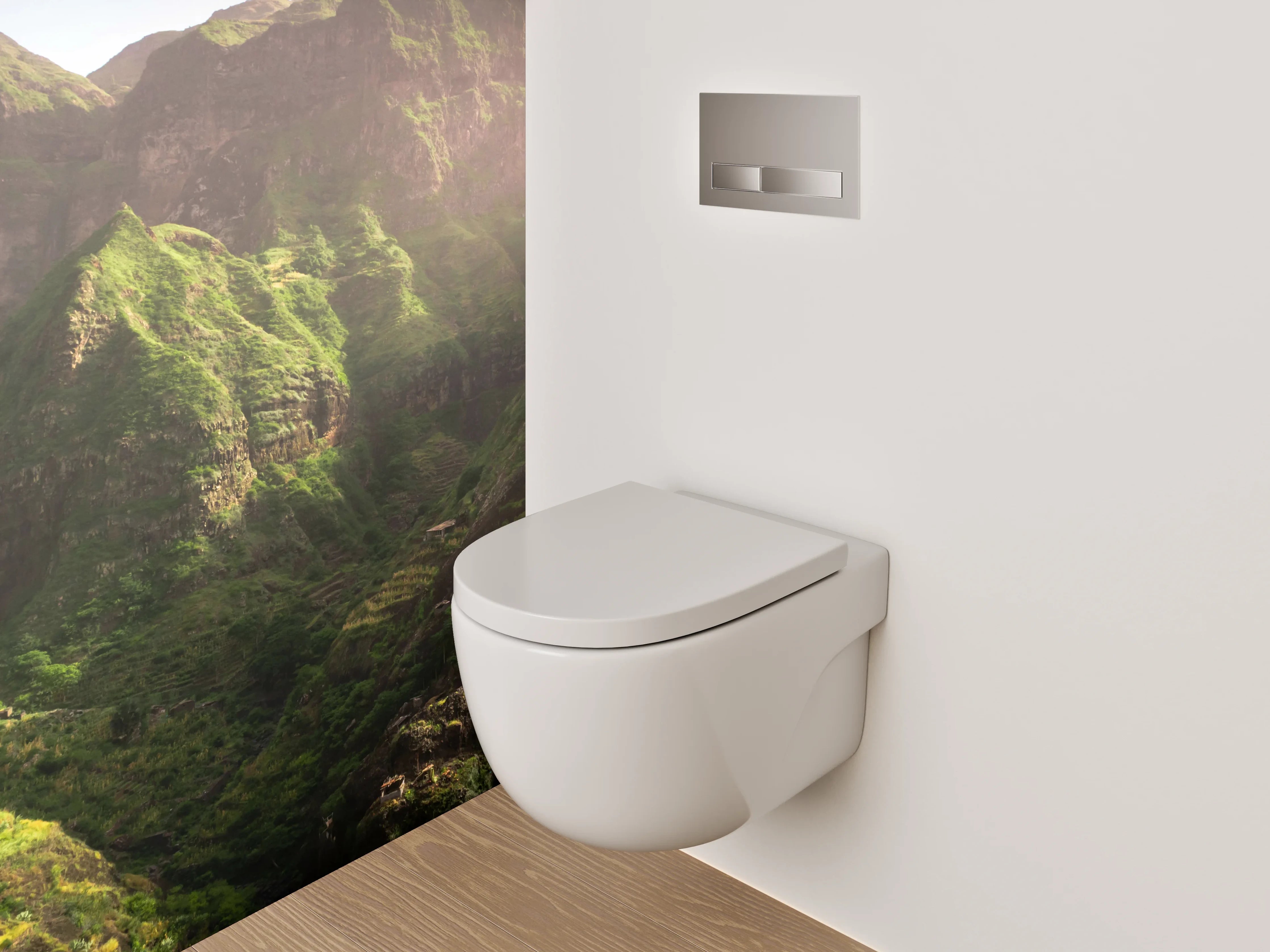 WC-Rückwand - Grüne Gebirgslandschaft mit Dorf