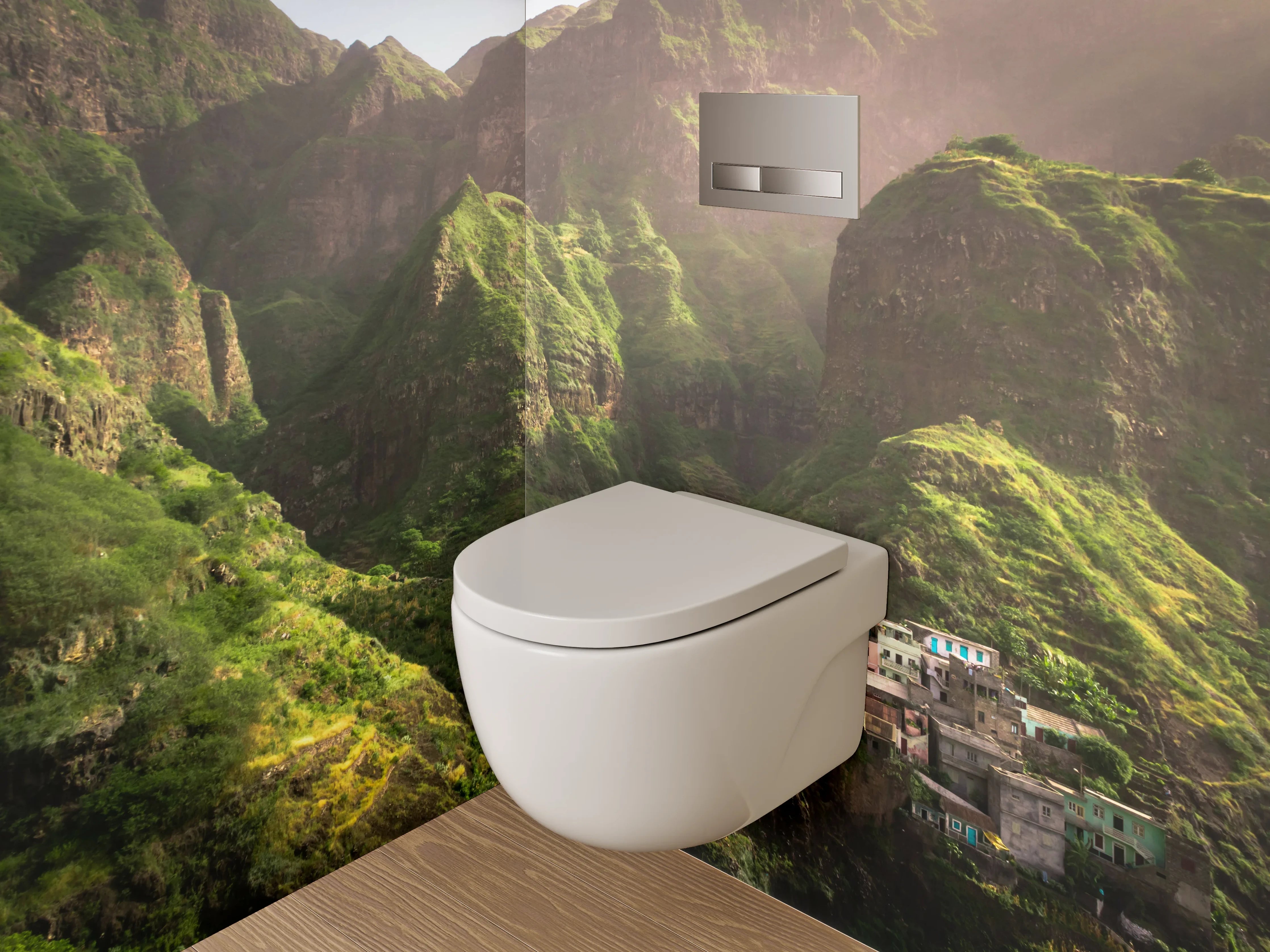 WC-Rückwand - Grüne Gebirgslandschaft mit Dorf