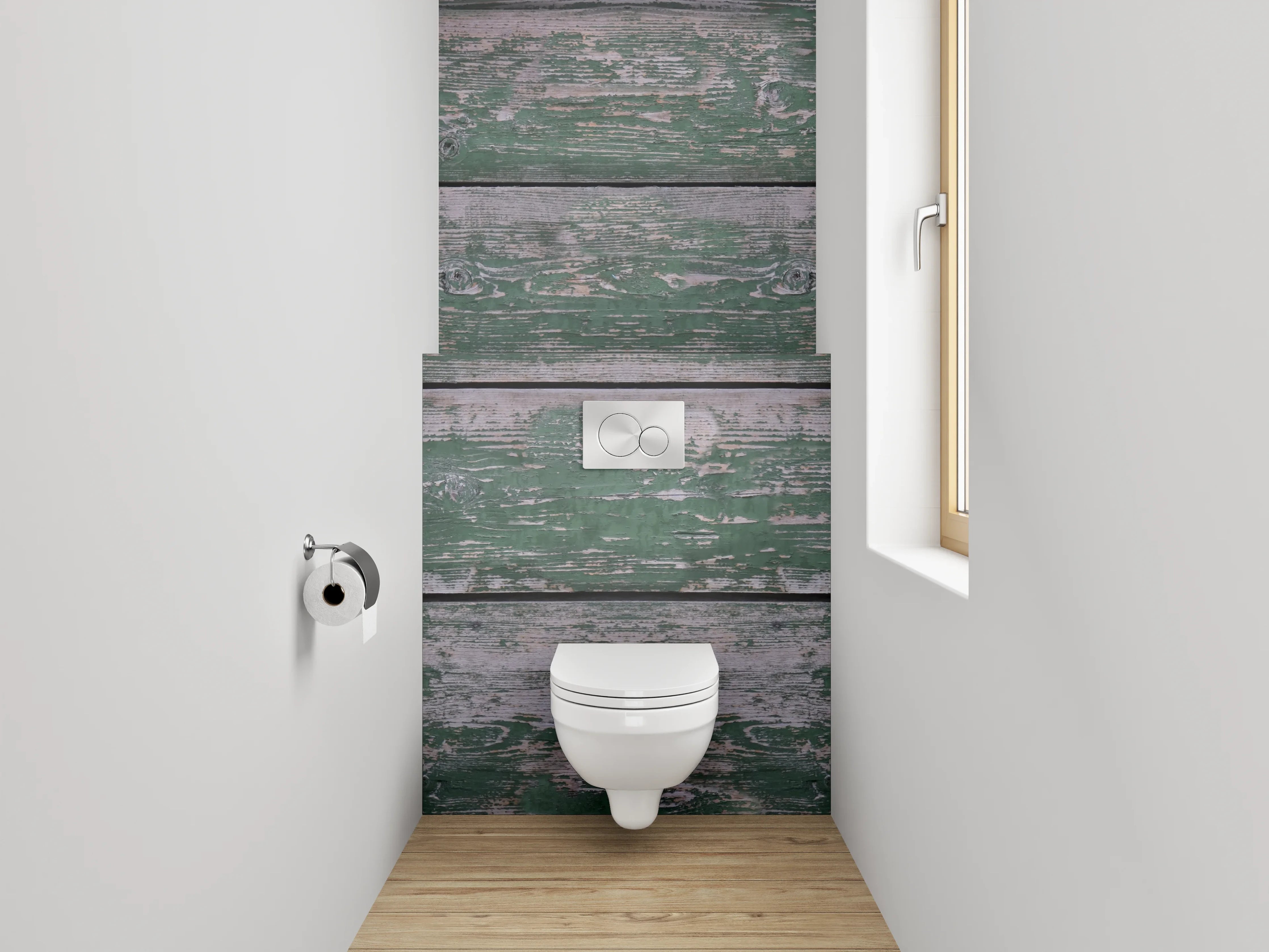 WC-Rückwand - Grüne, verwitterte Holzbohlen
