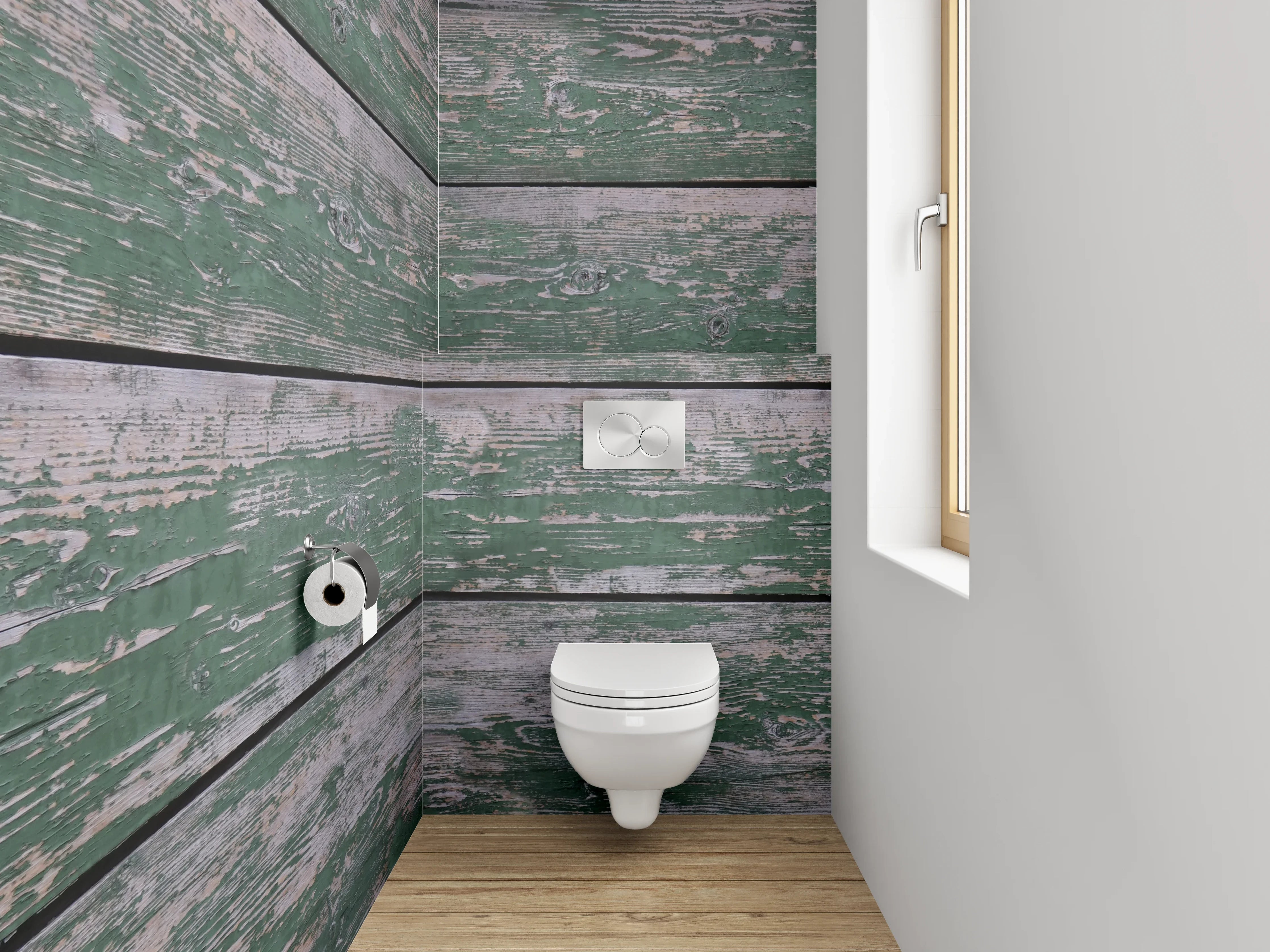 WC-Rückwand - Grüne, verwitterte Holzbohlen