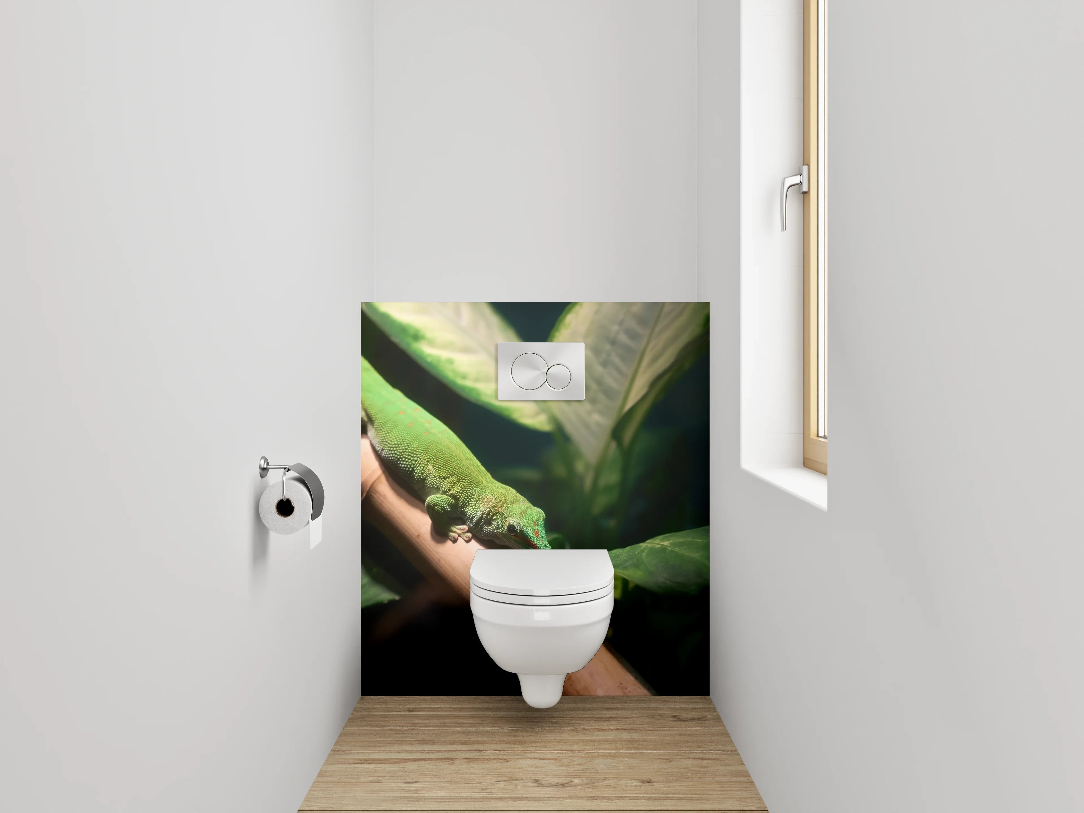 WC-Rückwand - Grüner Gecko auf Pflanze Naturmotiv