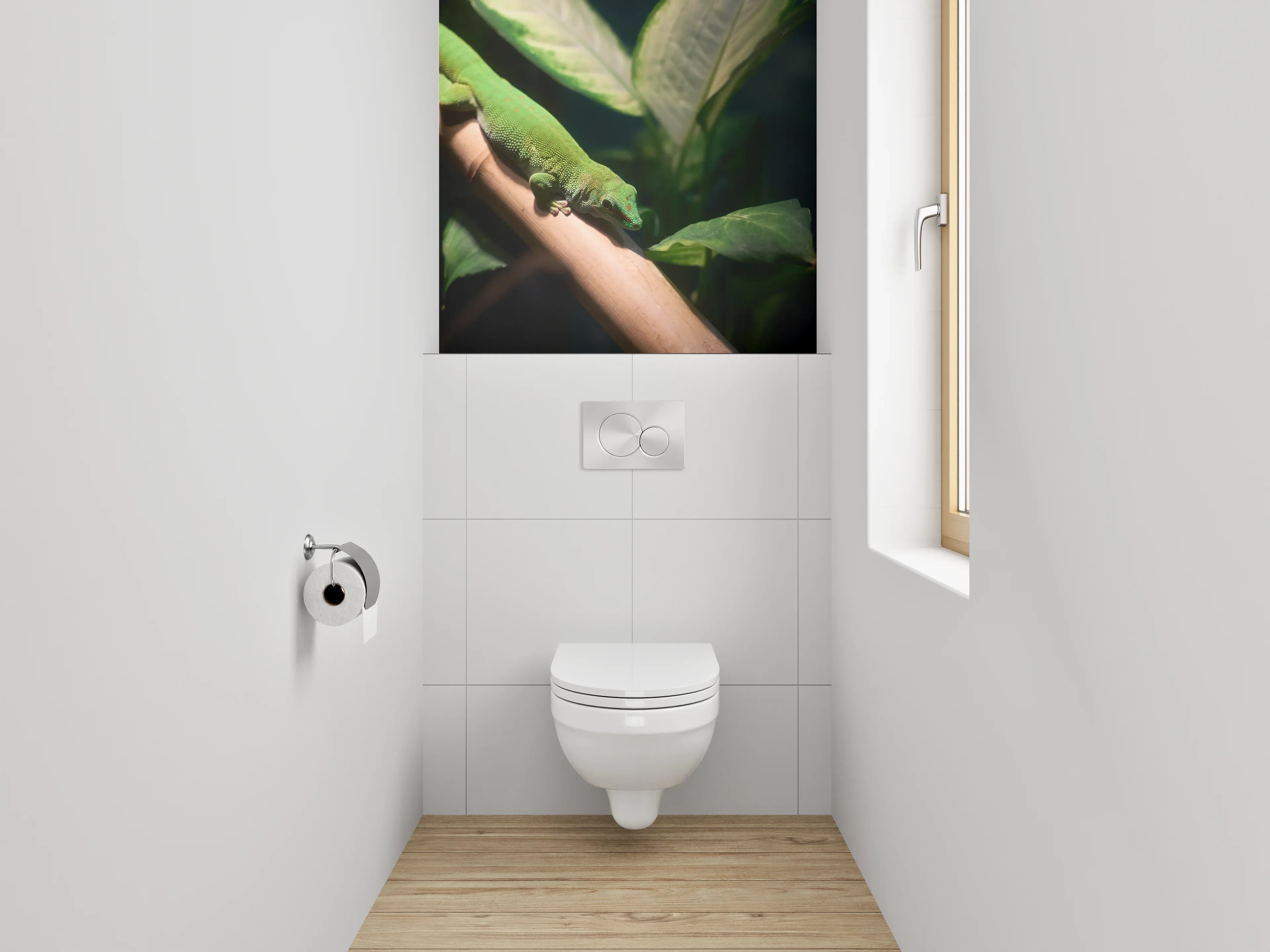 WC-Rückwand - Grüner Gecko auf Pflanze Naturmotiv