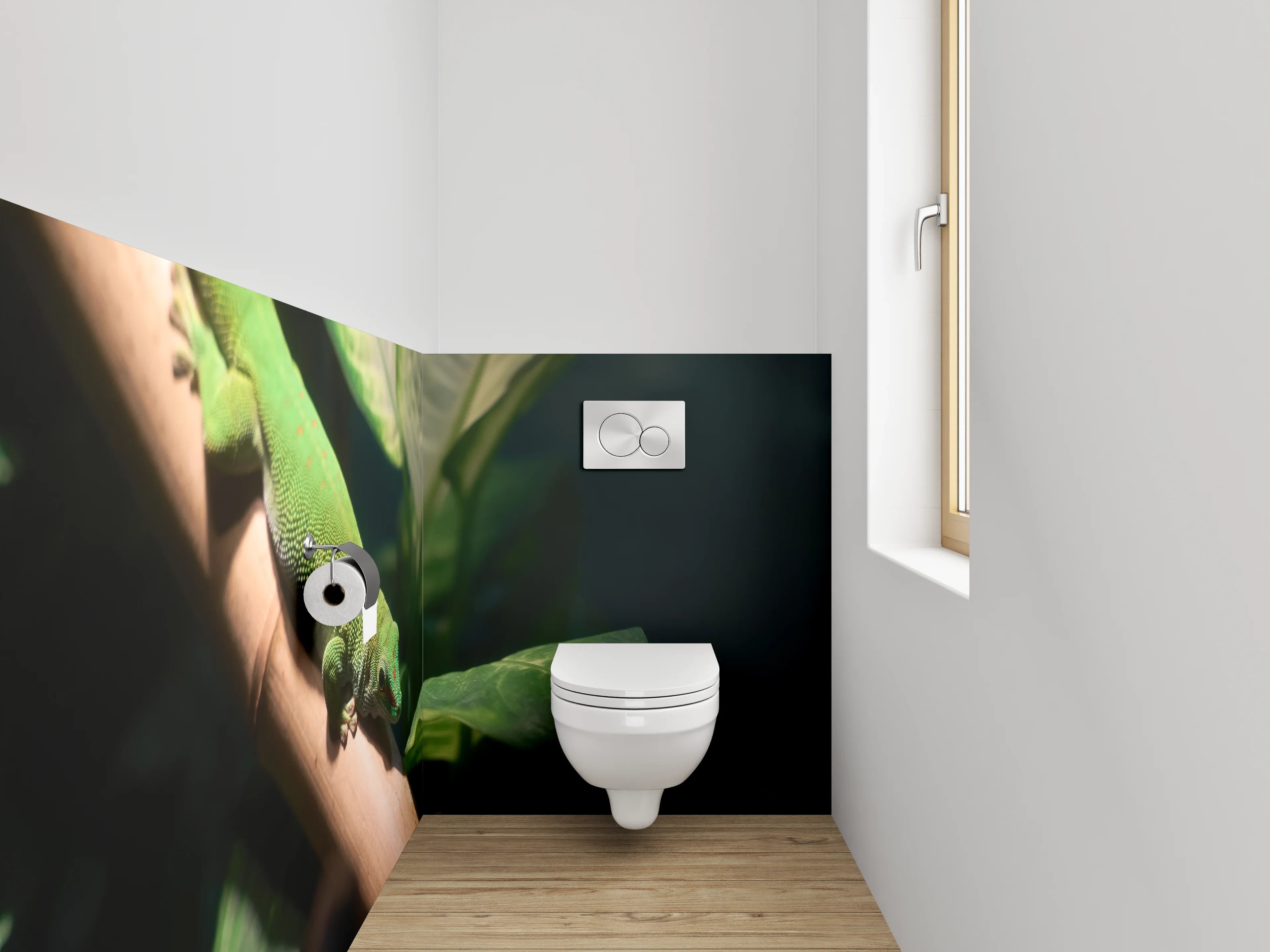 WC-Rückwand - Grüner Gecko auf Pflanze Naturmotiv