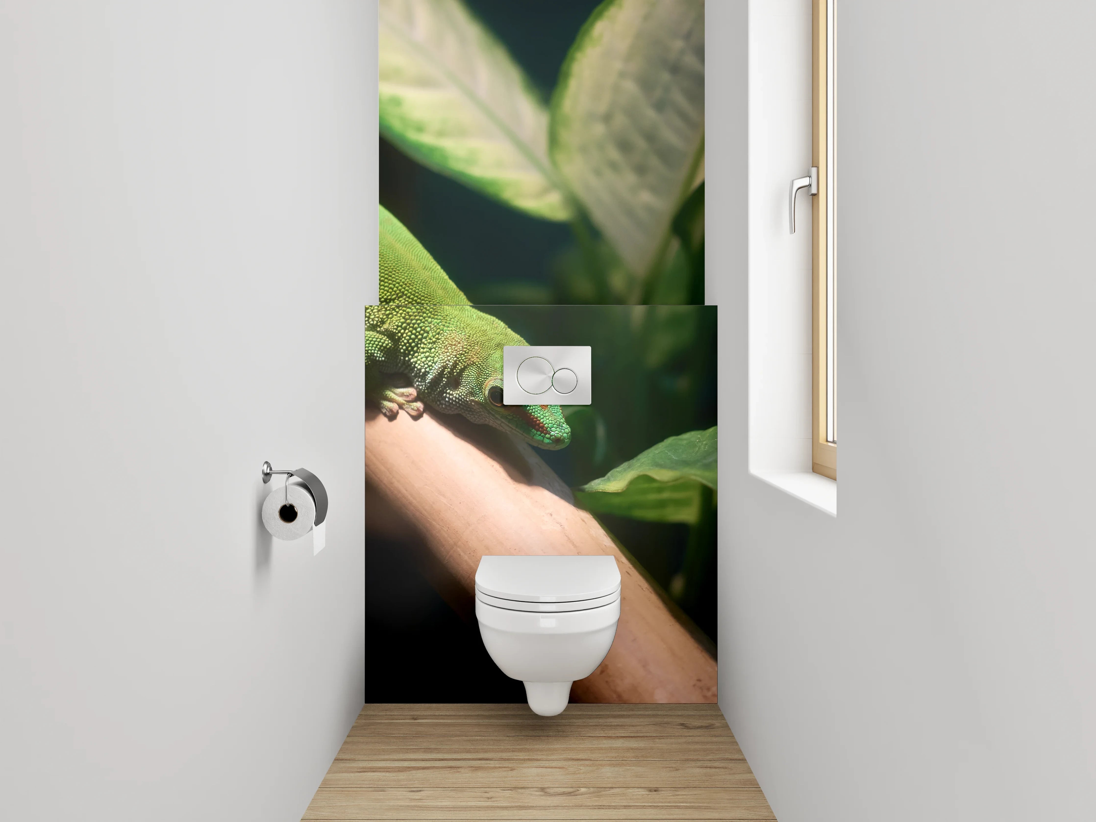 WC-Rückwand - Grüner Gecko auf Pflanze Naturmotiv