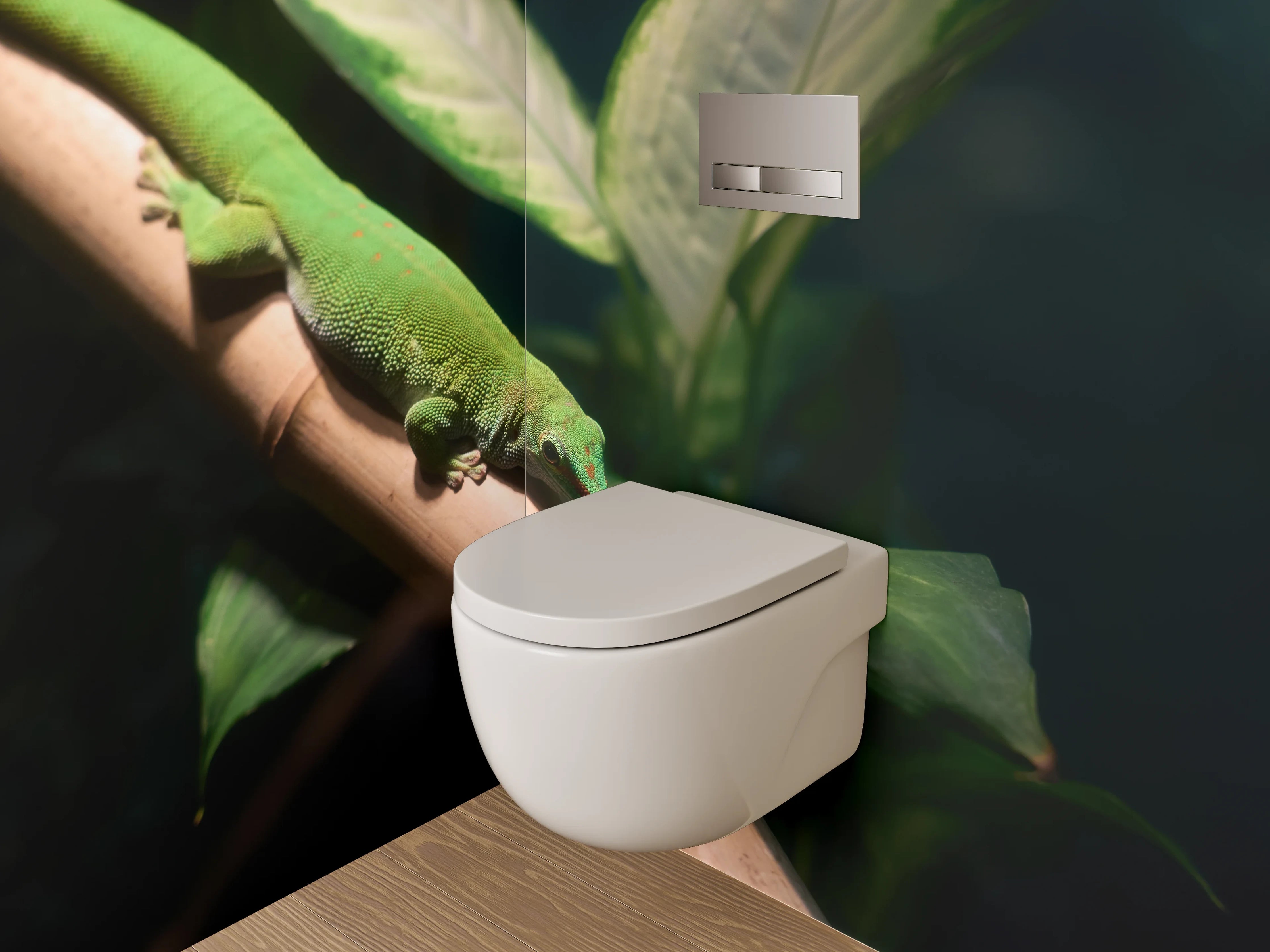 WC-Rückwand - Grüner Gecko auf Pflanze Naturmotiv