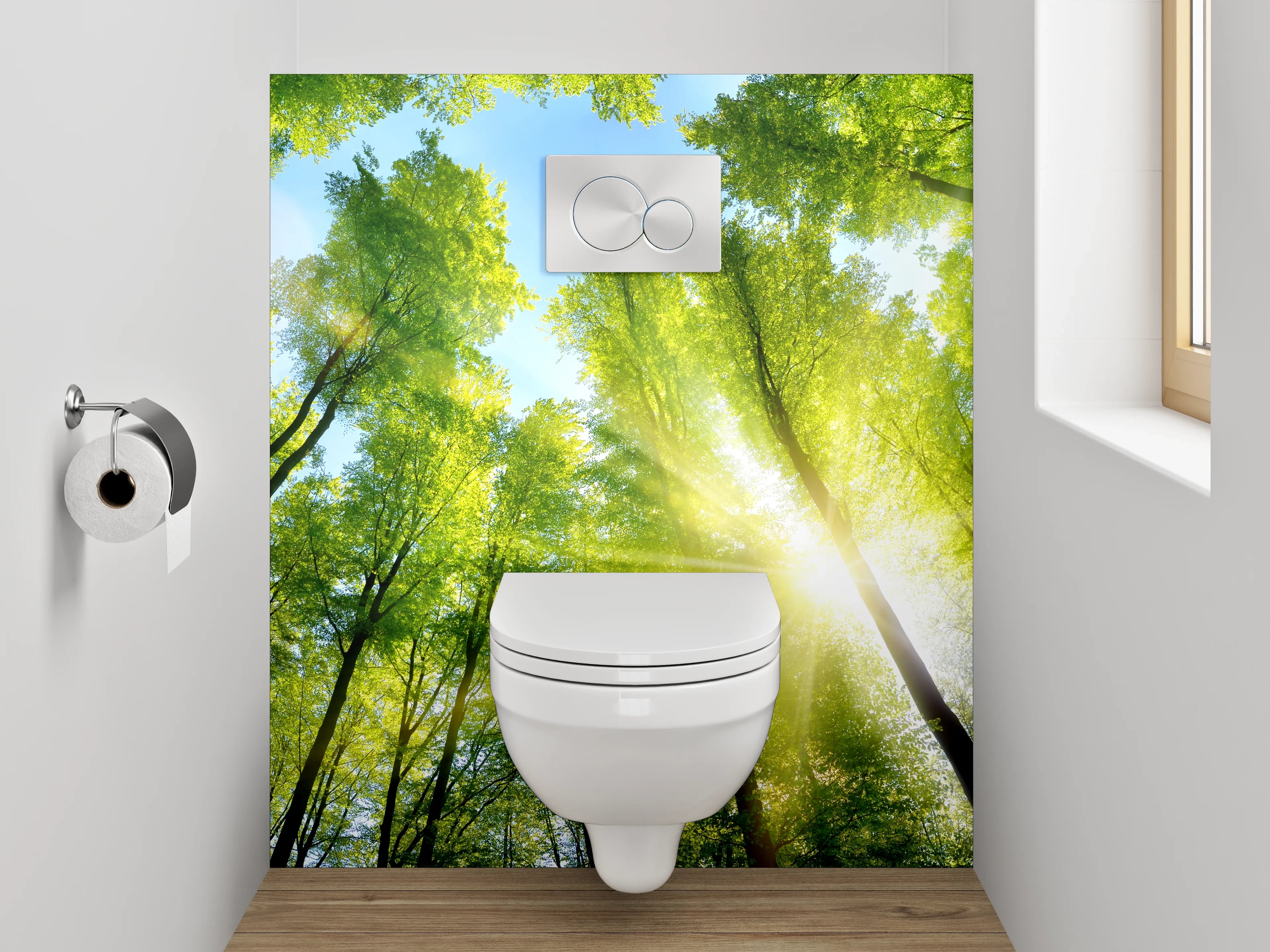 WC-Rückwand - Grüner Wald mit Sonnenstrahlen