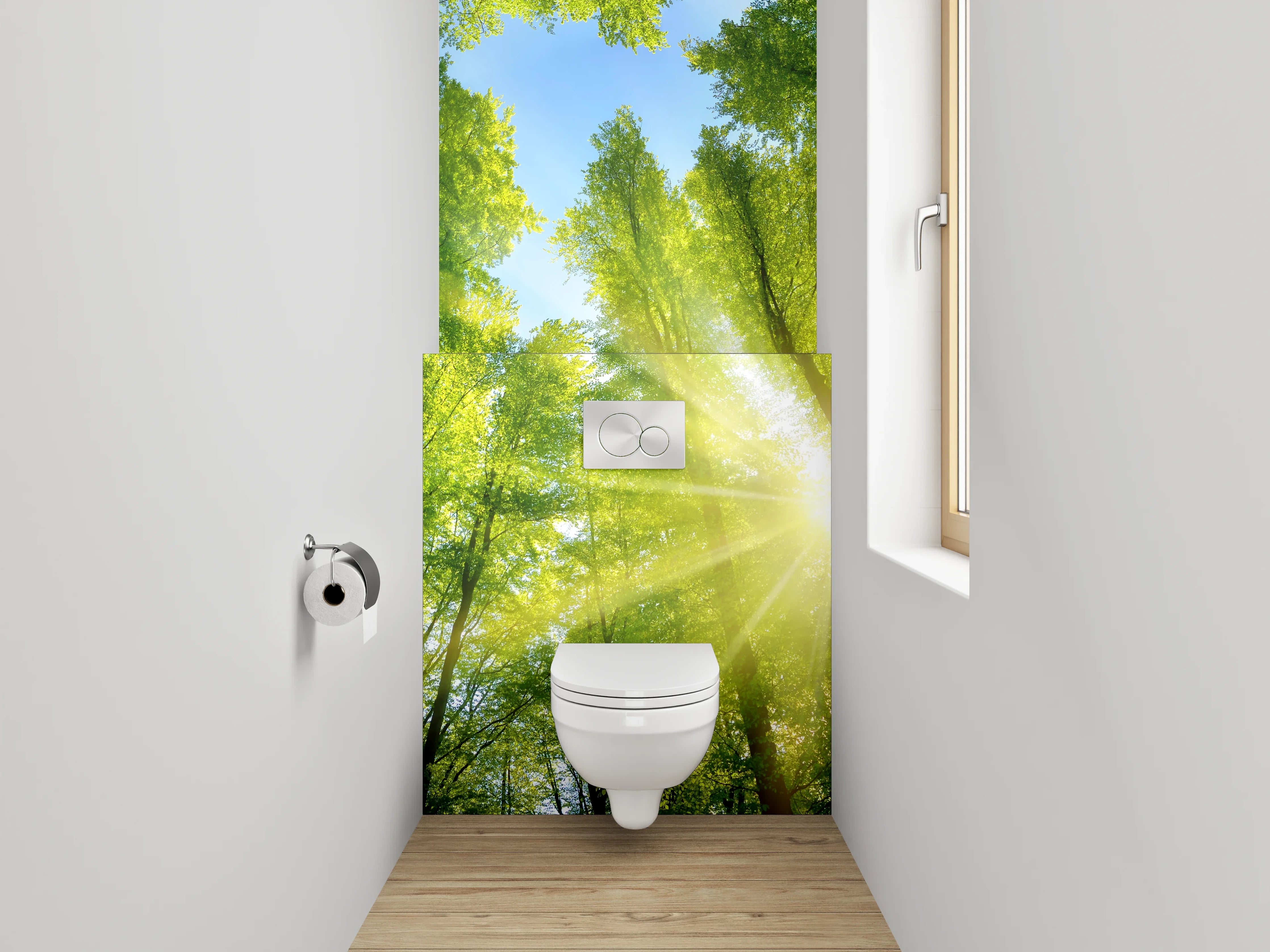 WC-Rückwand - Grüner Wald mit Sonnenstrahlen