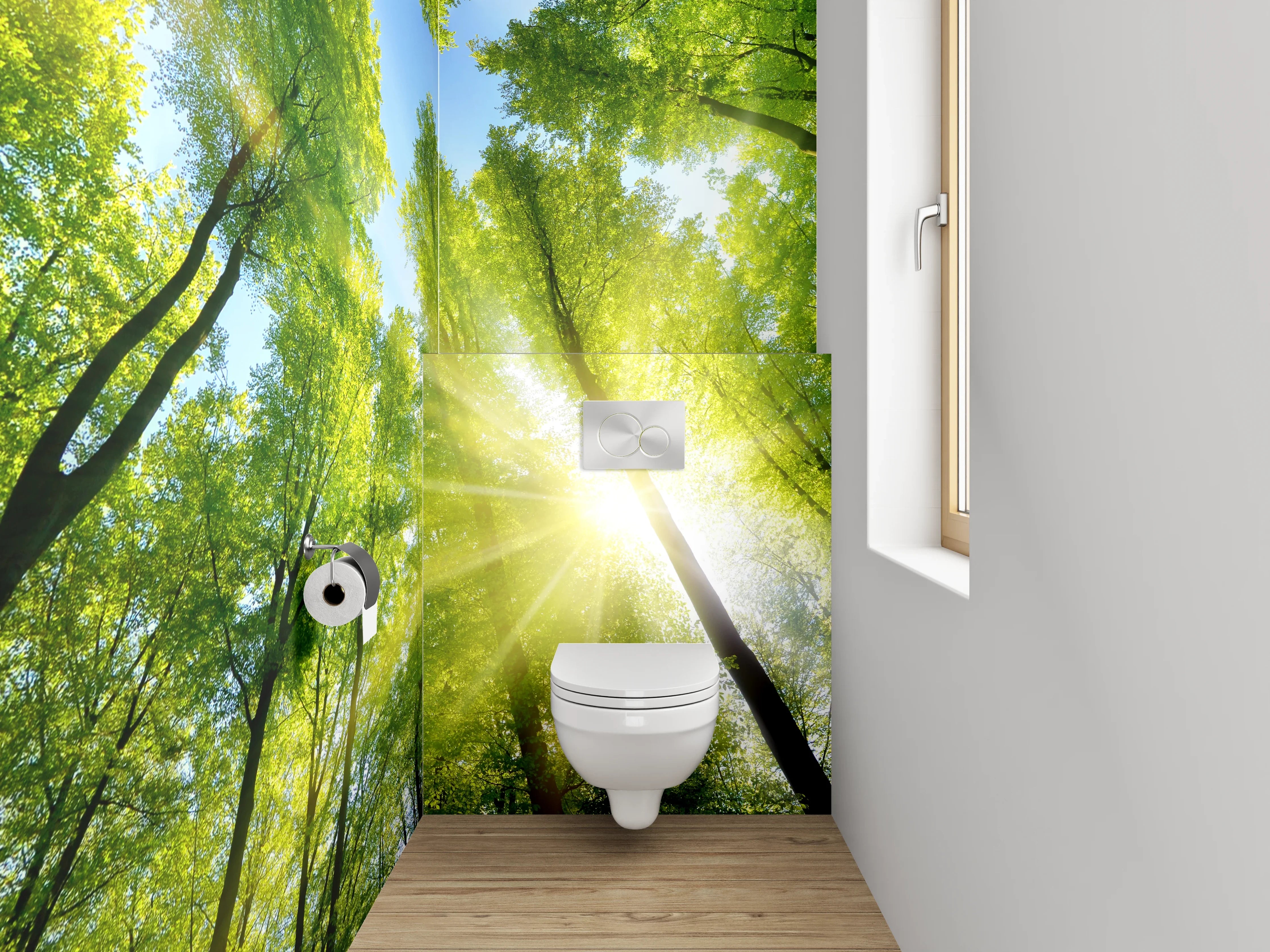 WC-Rückwand - Grüner Wald mit Sonnenstrahlen