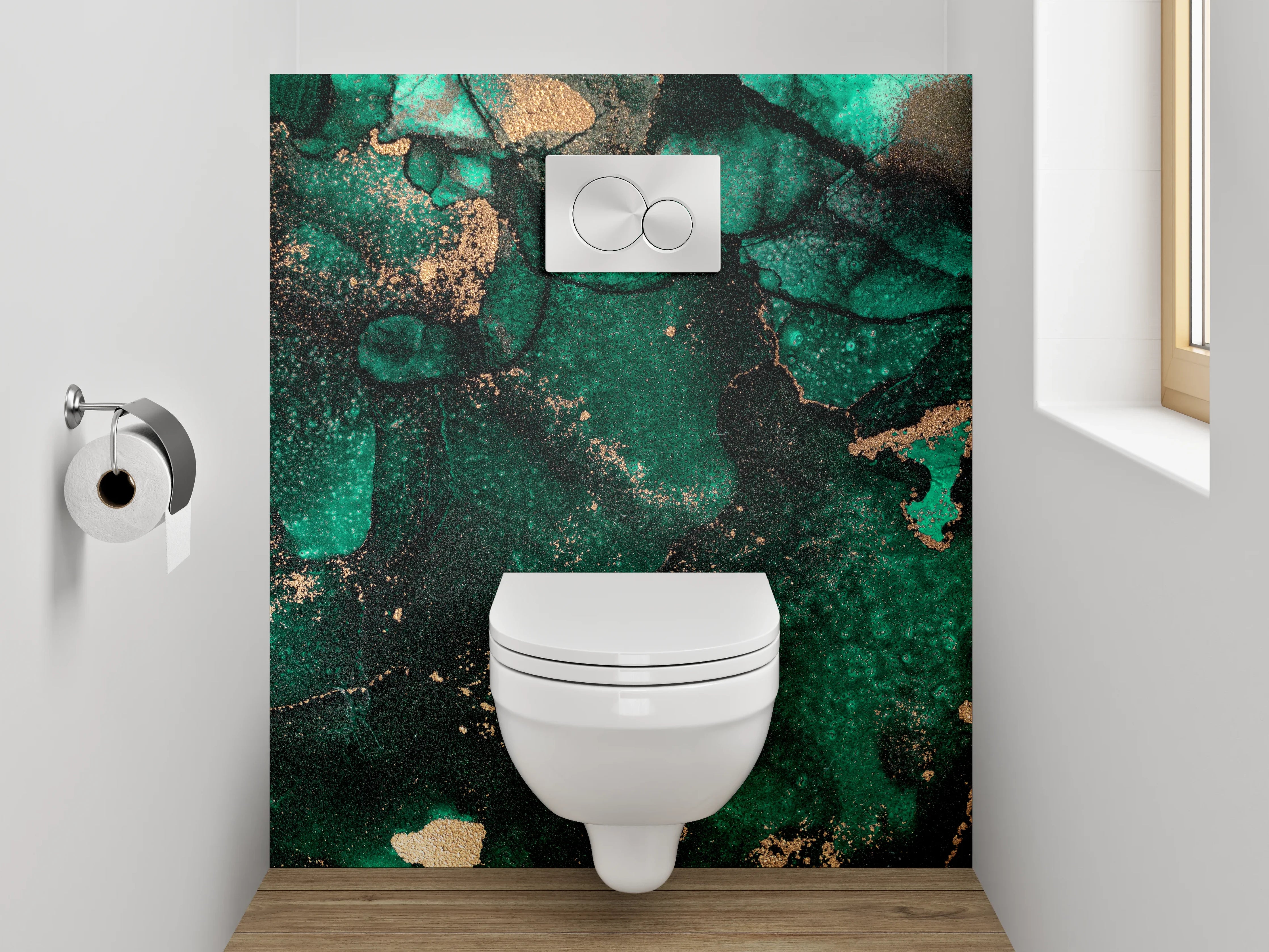 WC-Rückwand - Grünes Abstract mit goldenen Akzenten