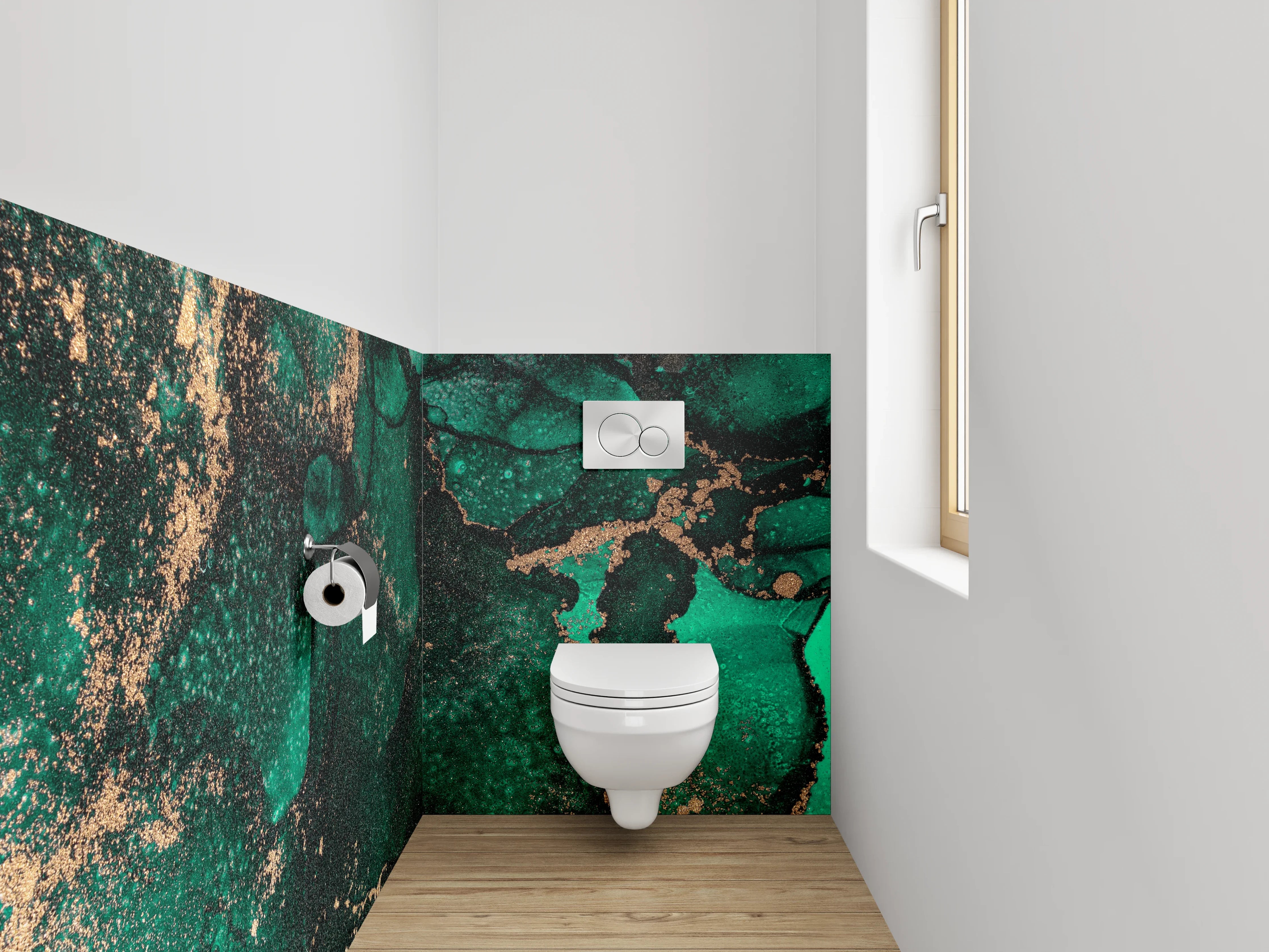 WC-Rückwand - Grünes Abstract mit goldenen Akzenten