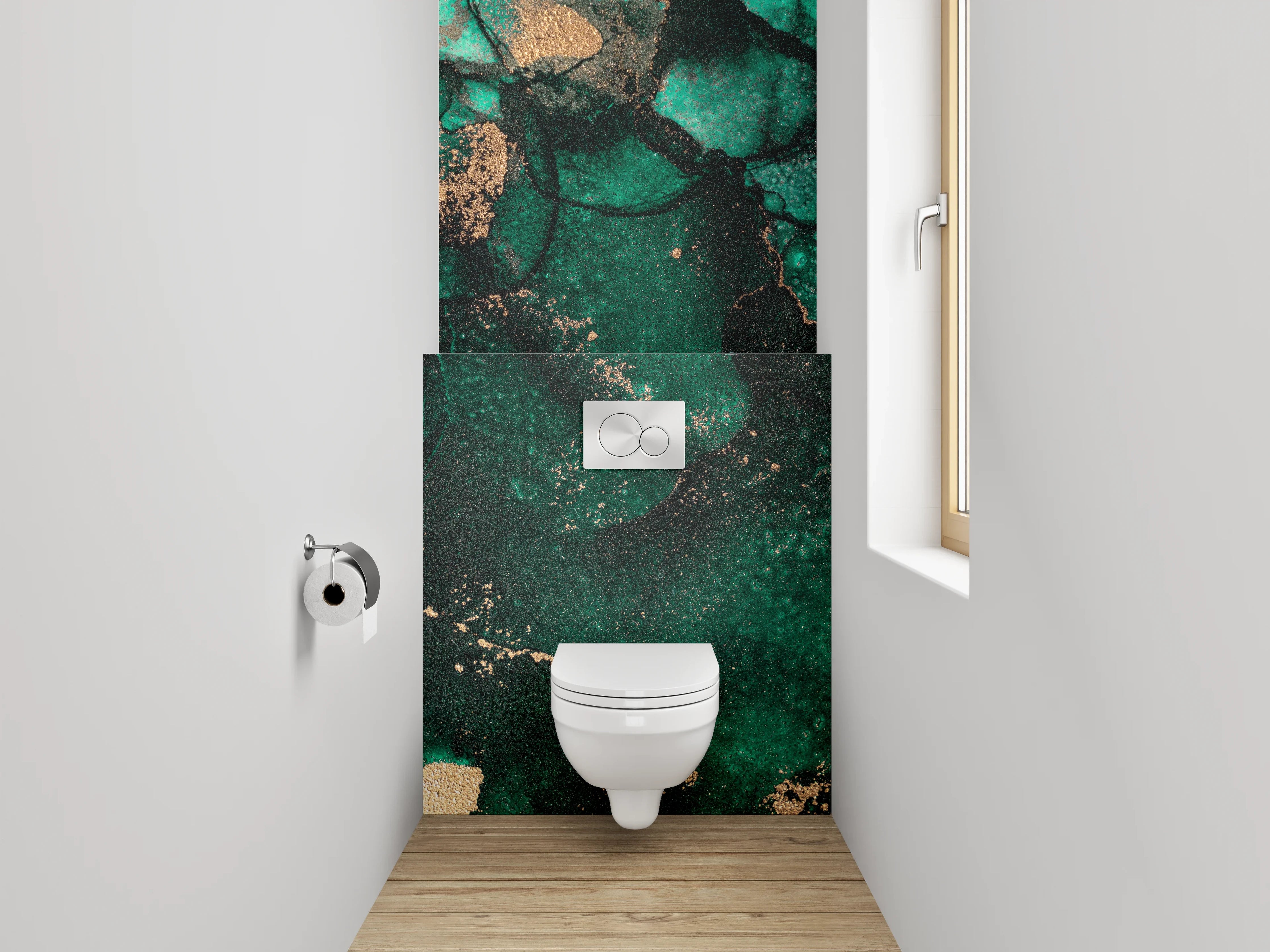 WC-Rückwand - Grünes Abstract mit goldenen Akzenten
