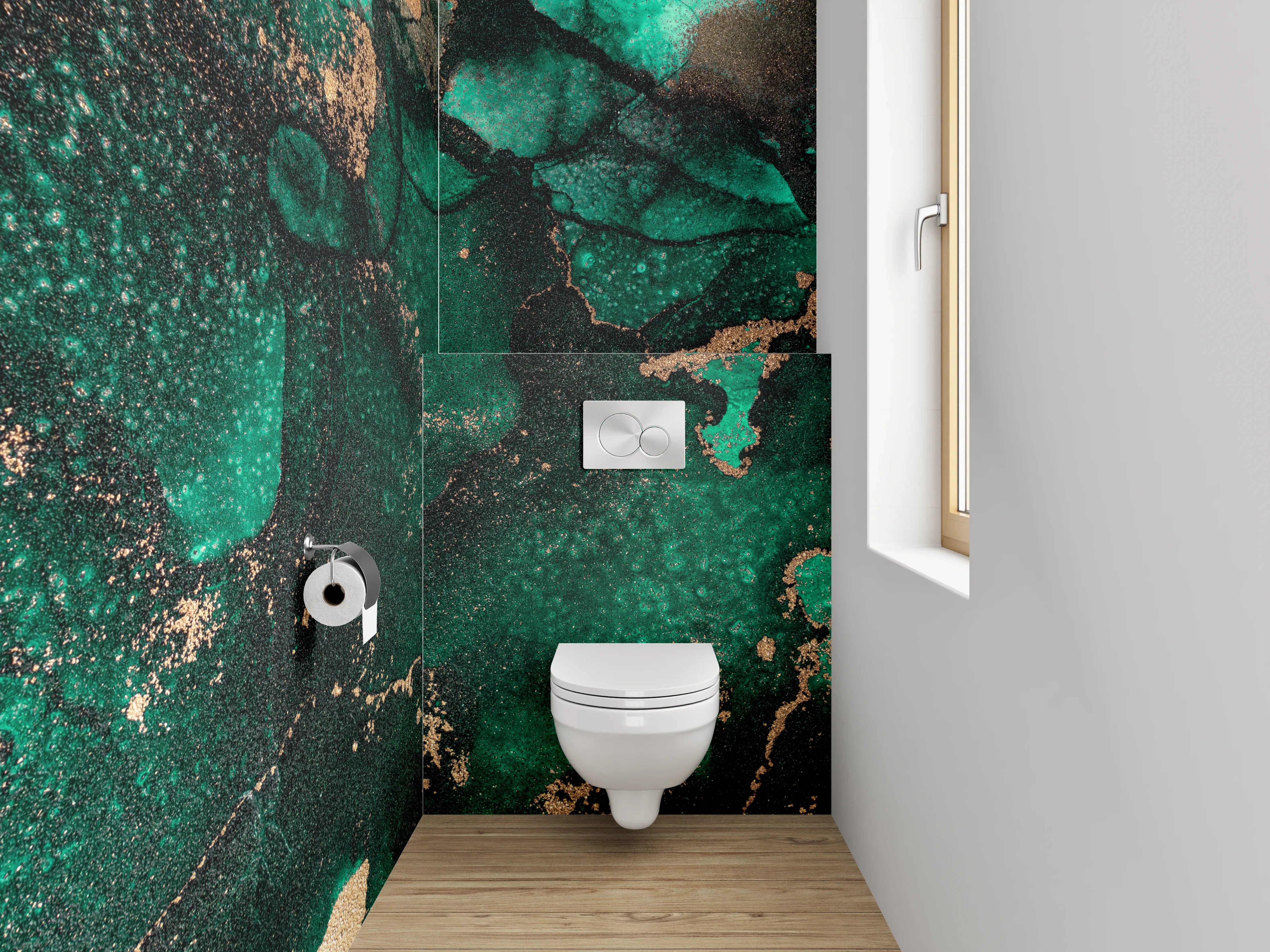 WC-Rückwand - Grünes Abstract mit goldenen Akzenten