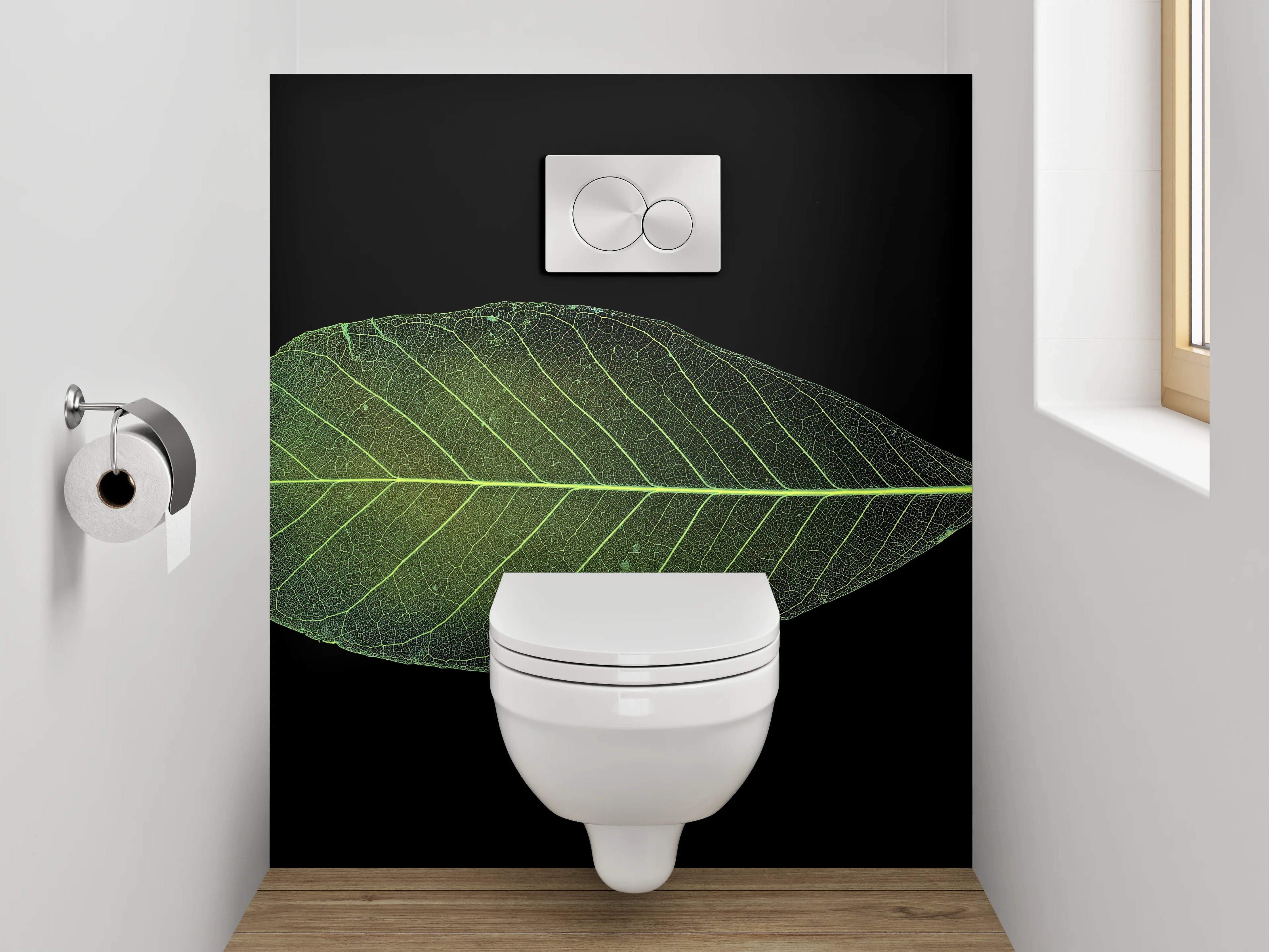 WC-Rückwand - Grünes Blatt auf Schwarz Hintergrund