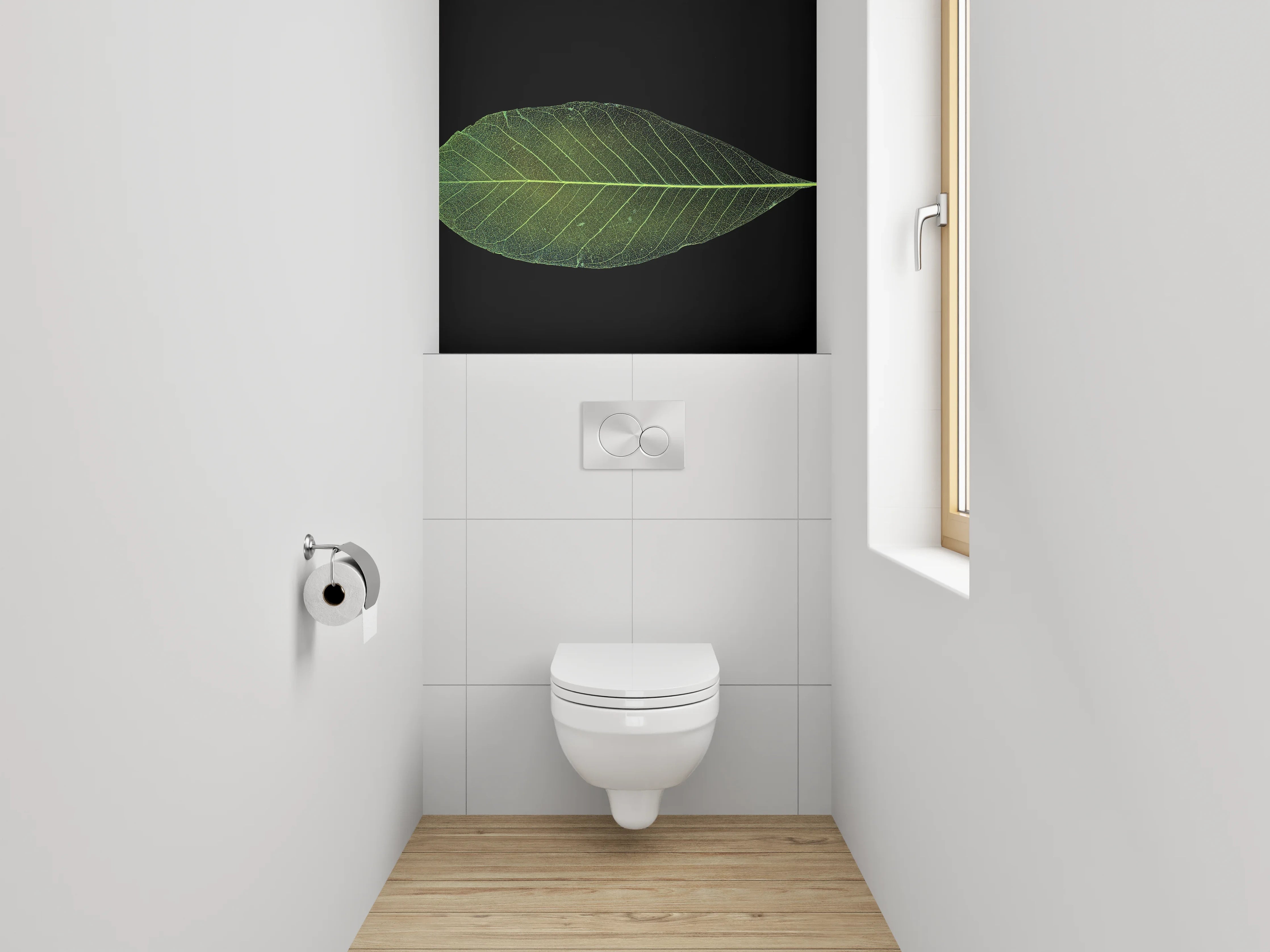 WC-Rückwand - Grünes Blatt auf Schwarz Hintergrund