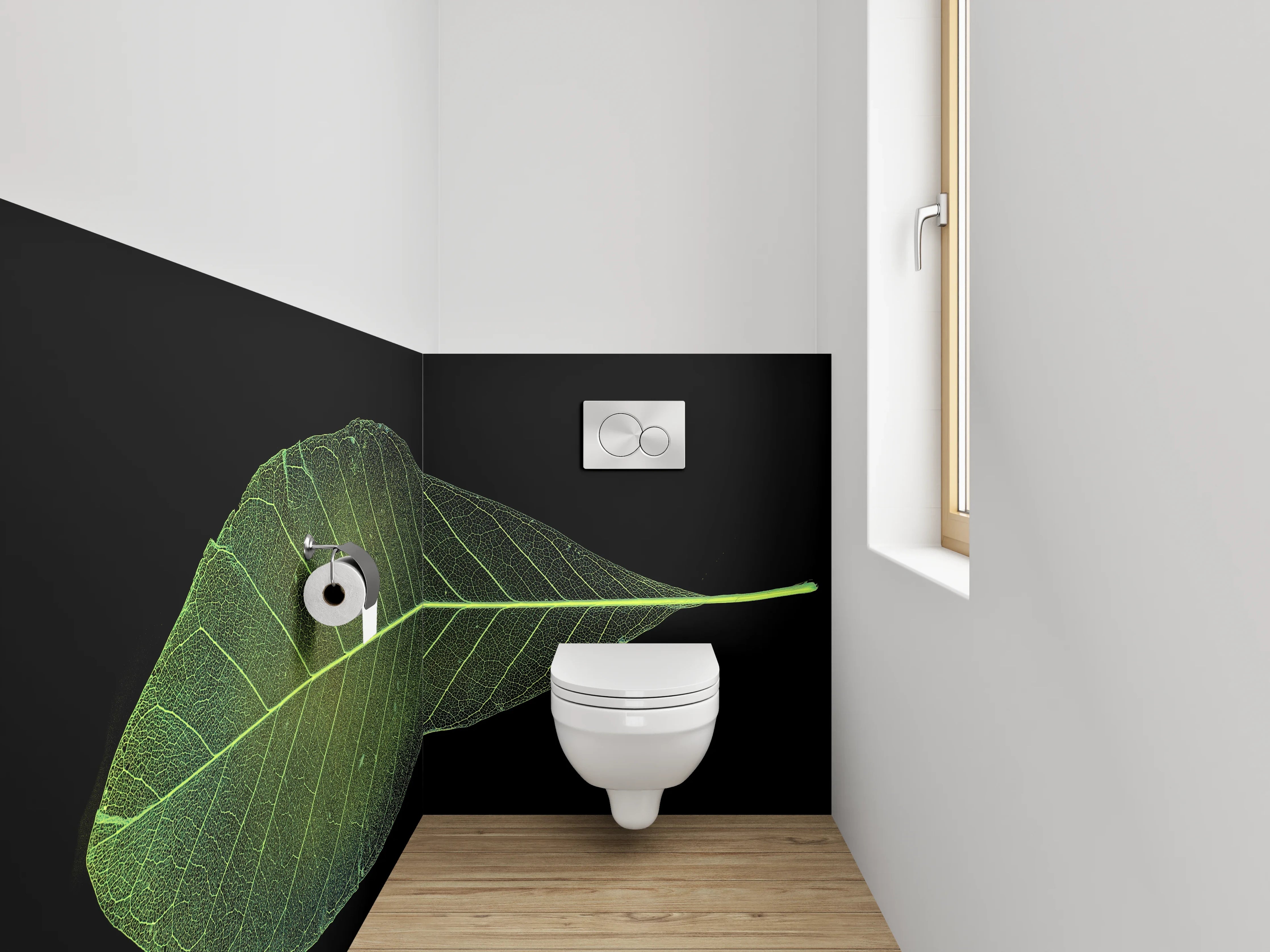 WC-Rückwand - Grünes Blatt auf Schwarz Hintergrund