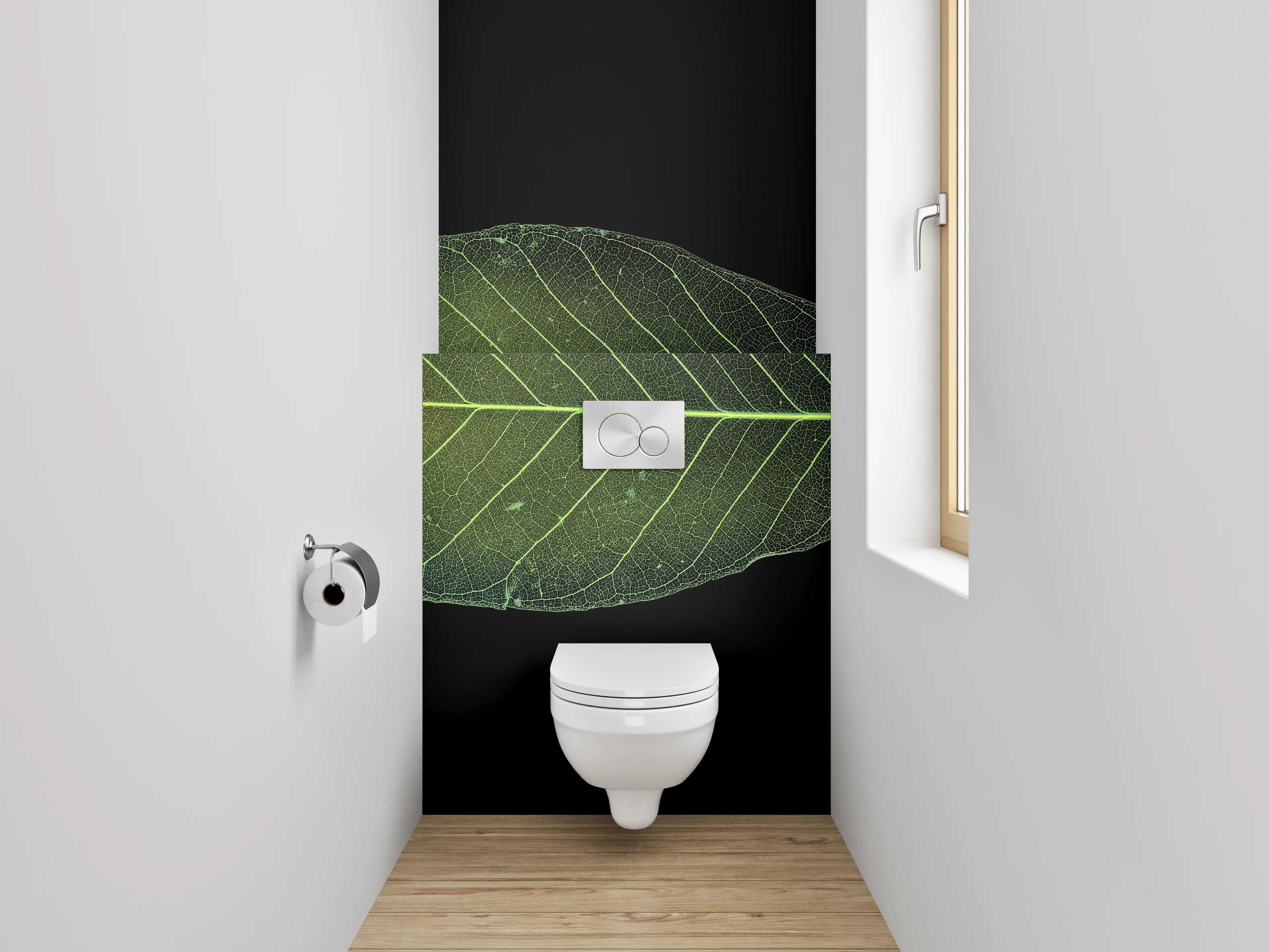 WC-Rückwand - Grünes Blatt auf Schwarz Hintergrund