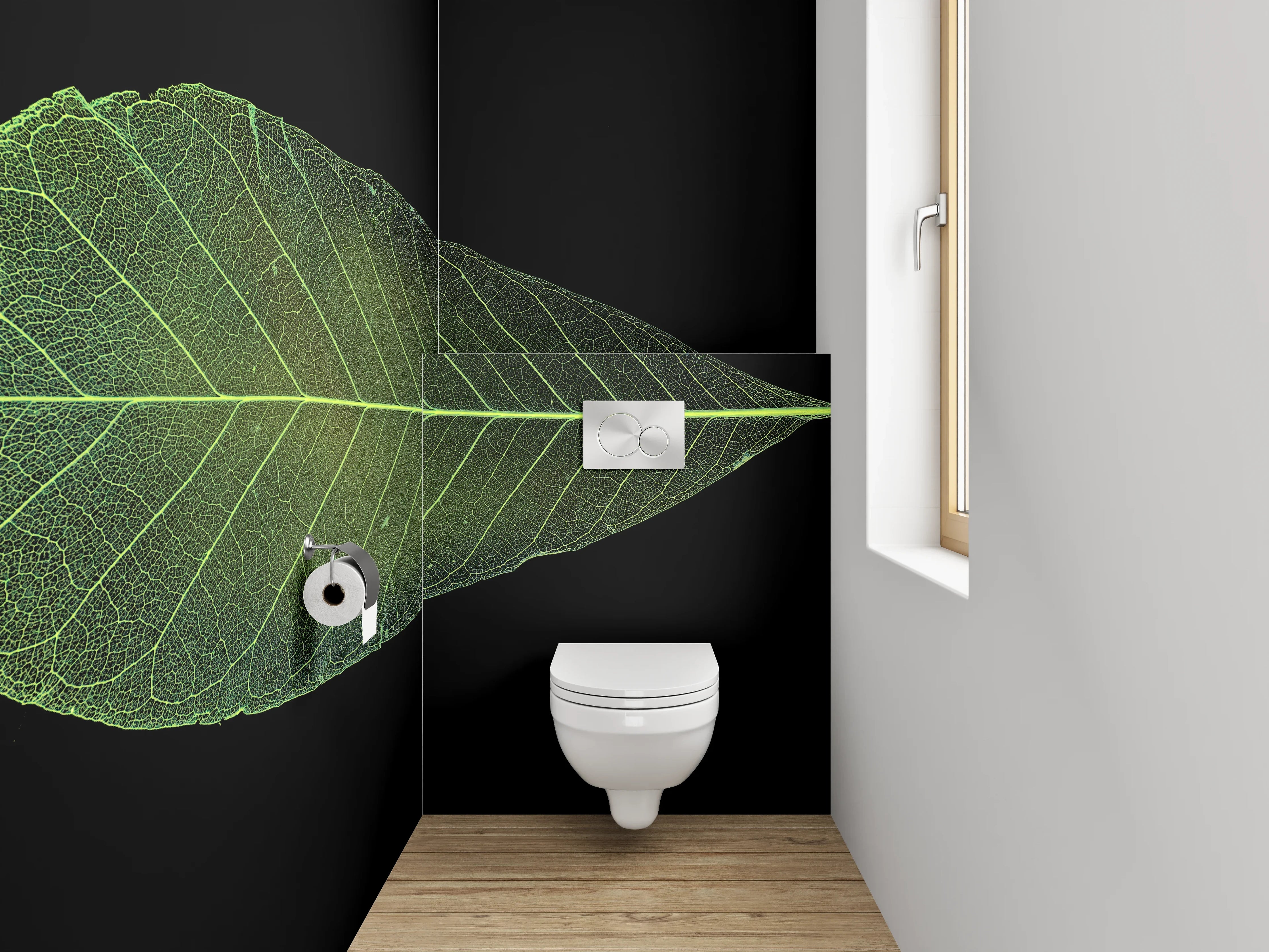 WC-Rückwand - Grünes Blatt auf Schwarz Hintergrund