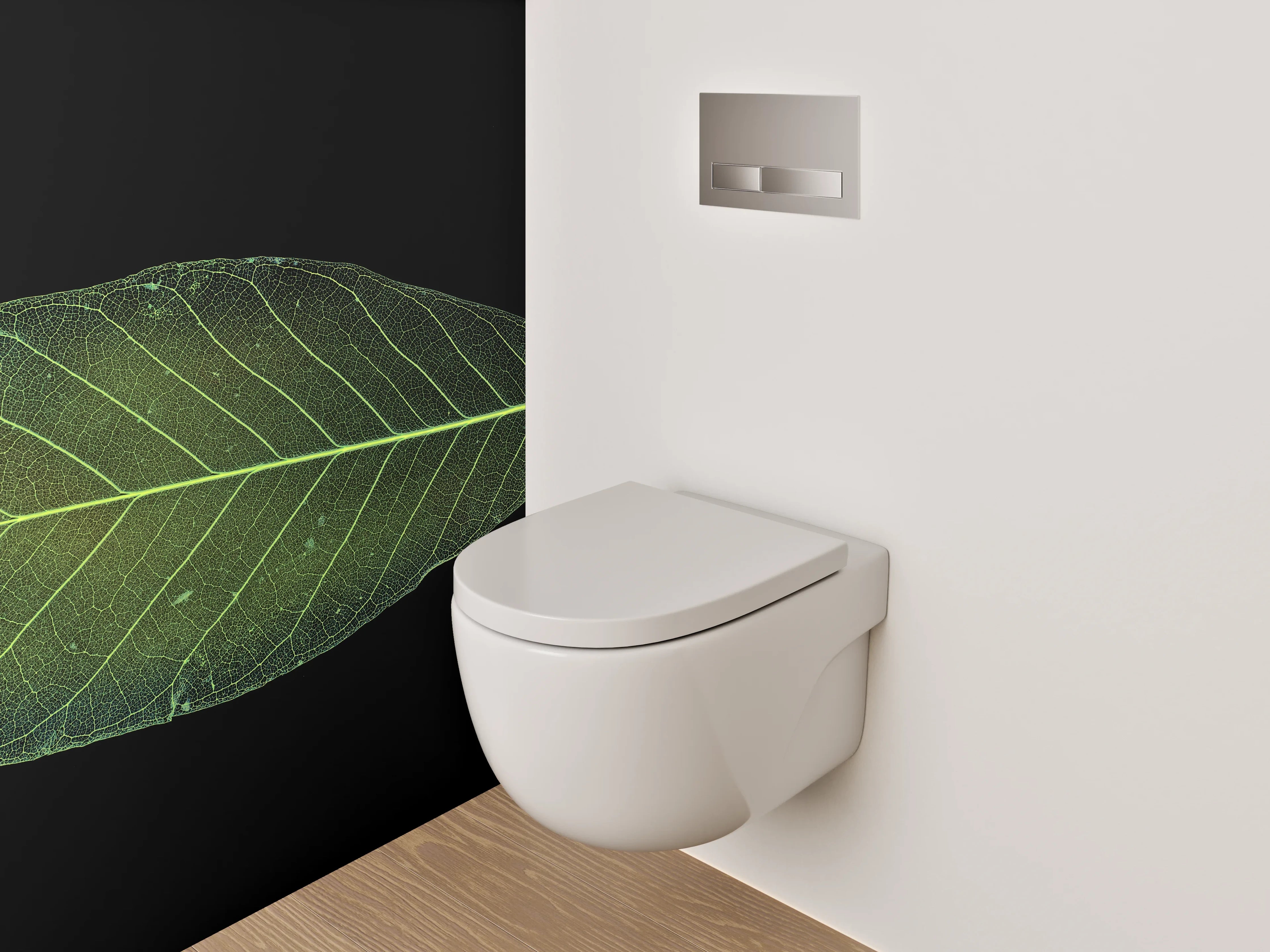 WC-Rückwand - Grünes Blatt auf Schwarz Hintergrund