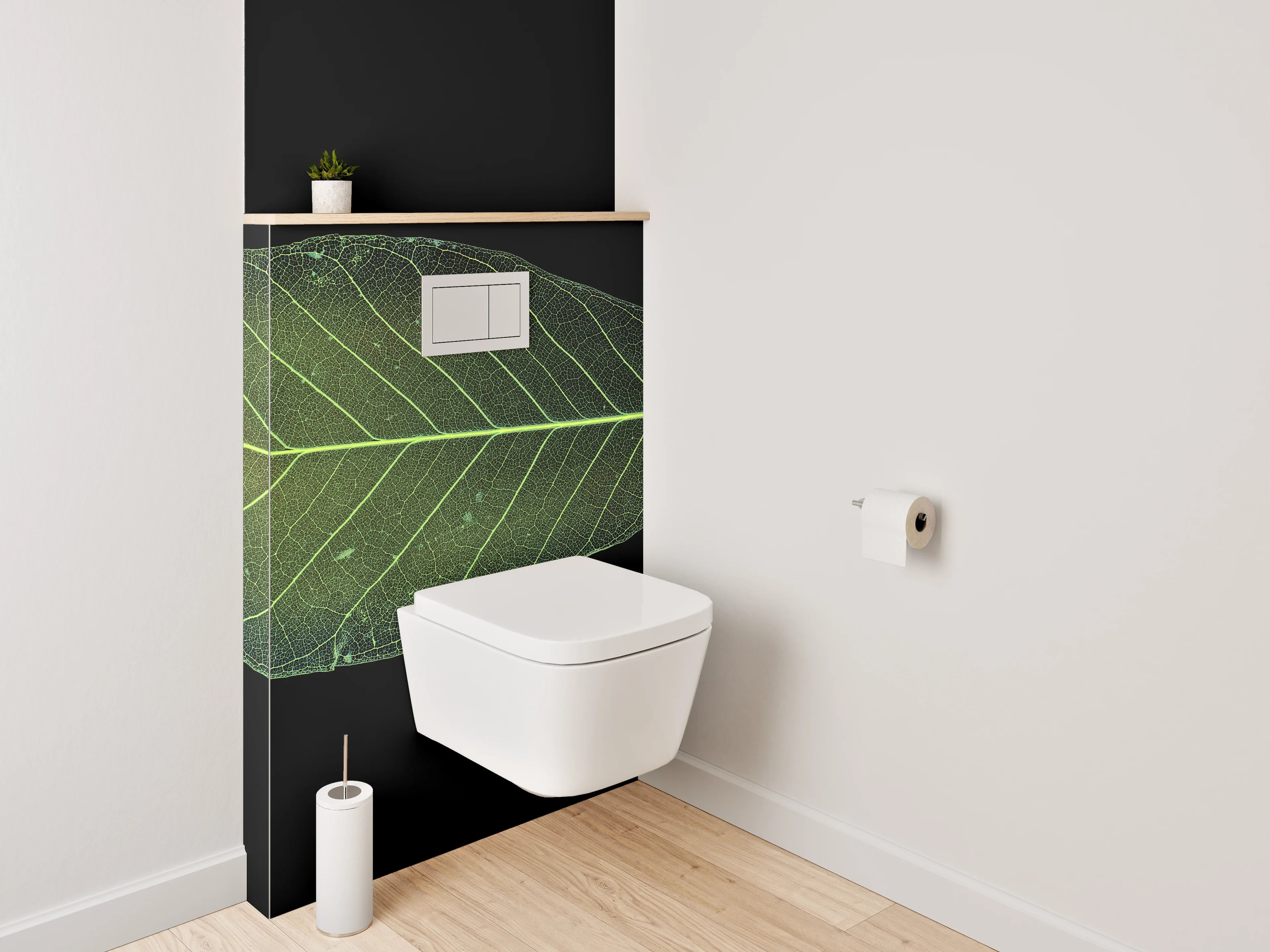 WC-Rückwand - Grünes Blatt auf Schwarz Hintergrund