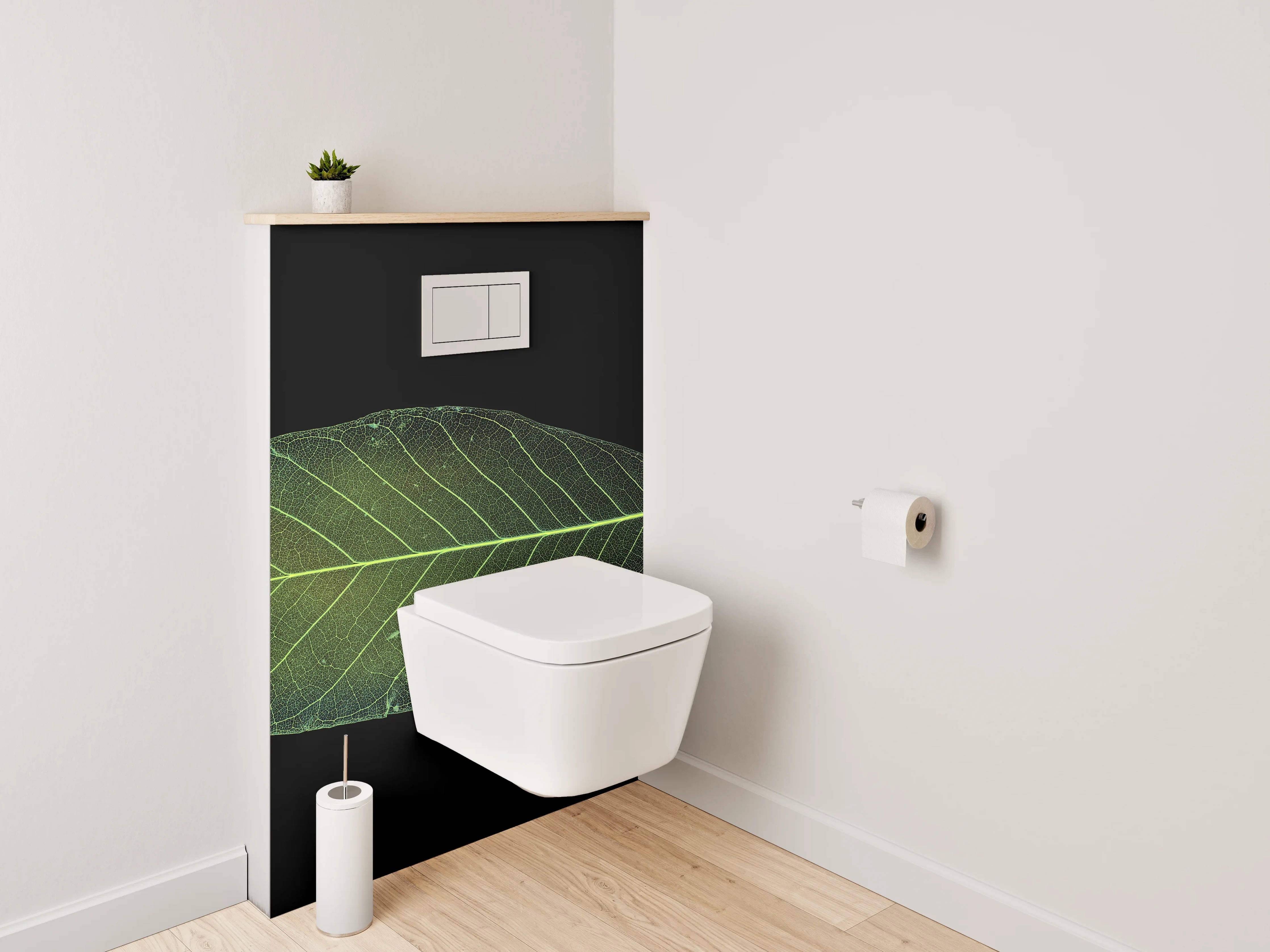 WC-Rückwand - Grünes Blatt auf Schwarz Hintergrund