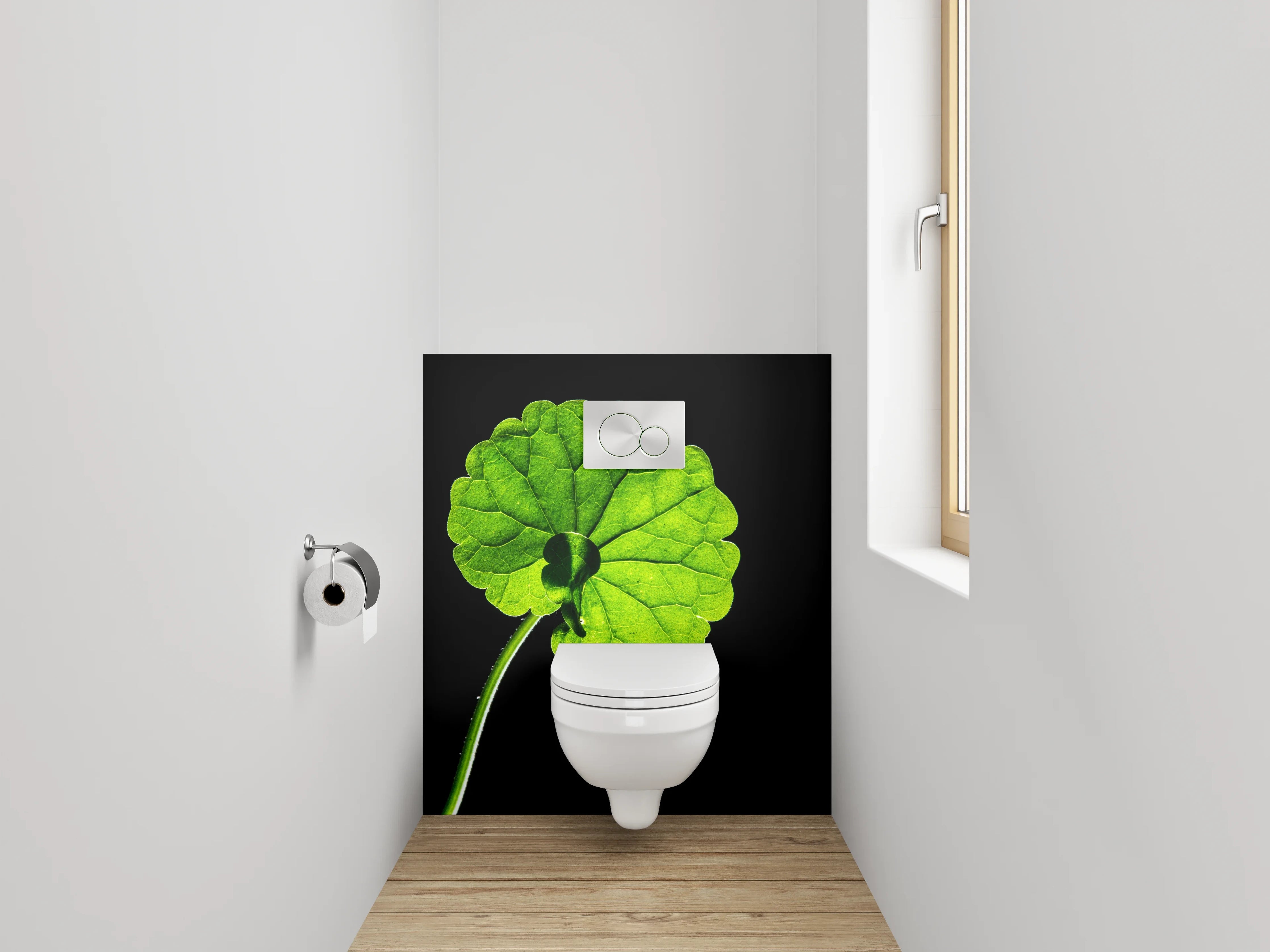 WC-Rückwand - Grünes Blatt auf Schwarz – Natur Akzent