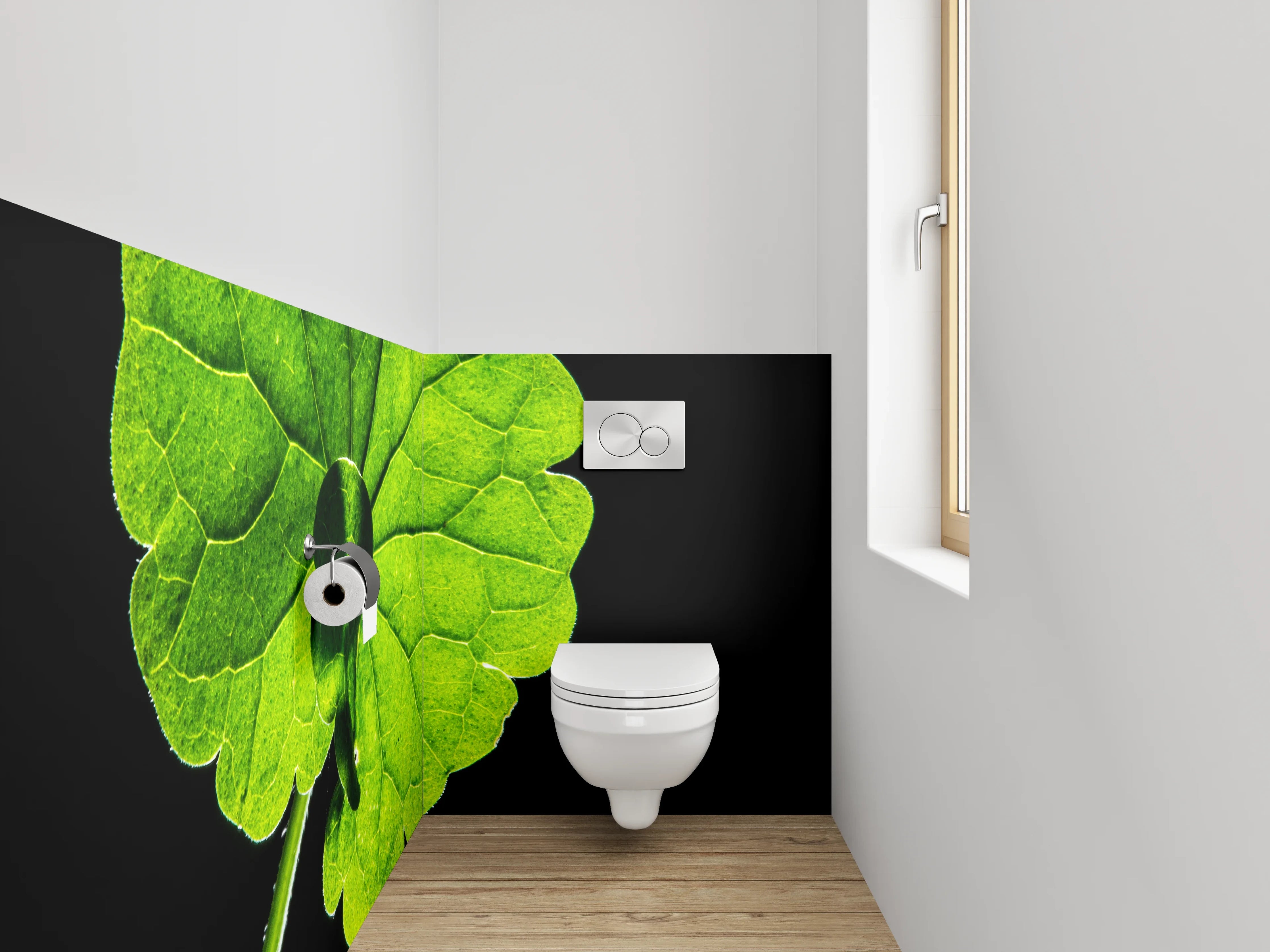 WC-Rückwand - Grünes Blatt auf Schwarz – Natur Akzent