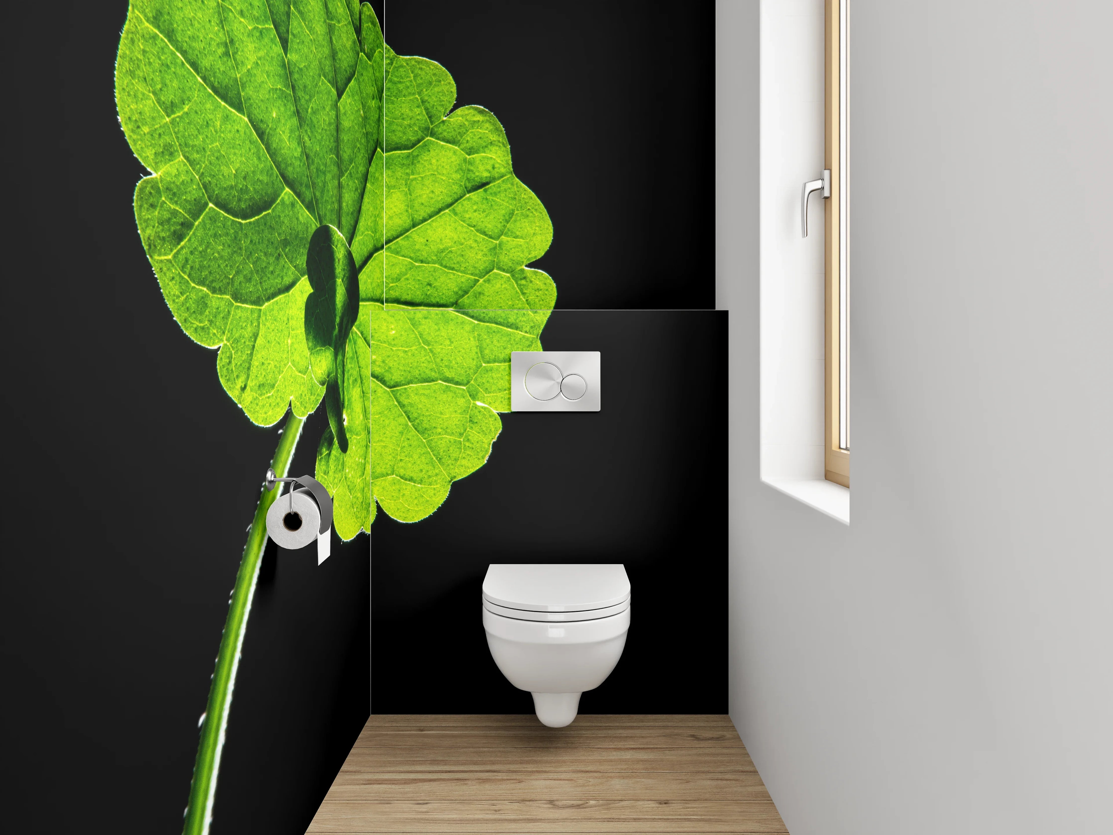 WC-Rückwand - Grünes Blatt auf Schwarz – Natur Akzent