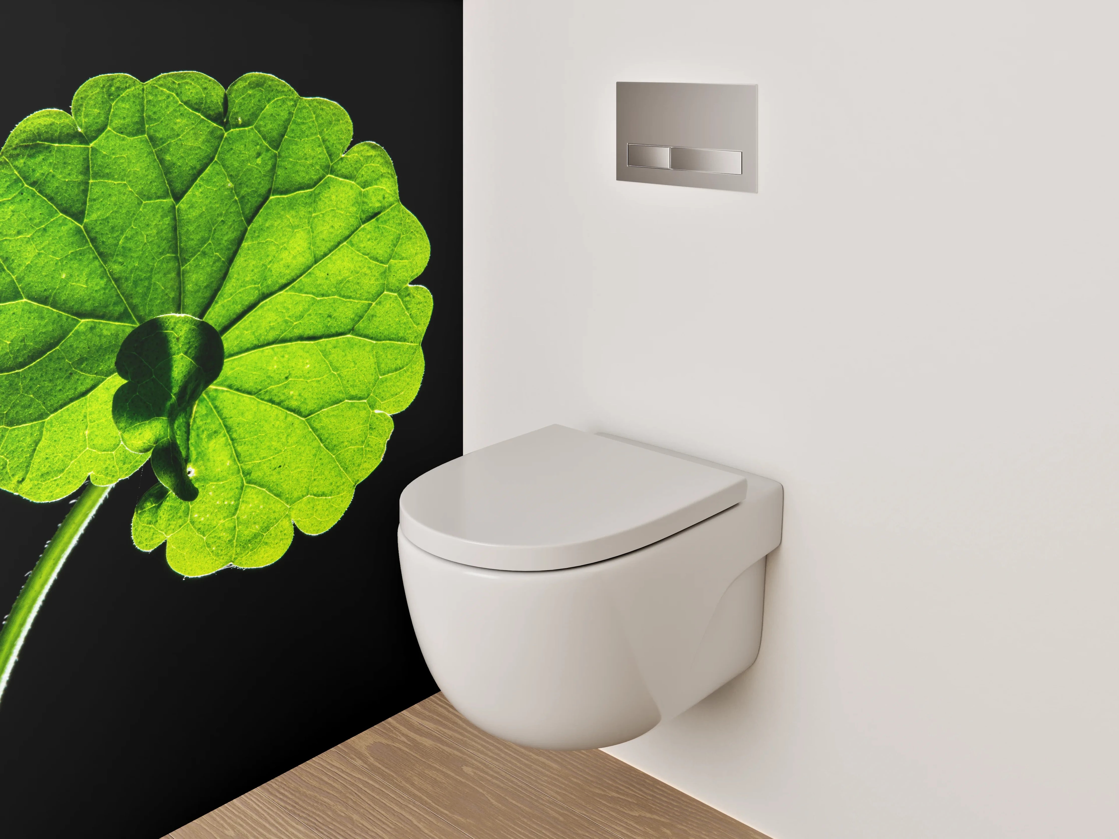 WC-Rückwand - Grünes Blatt auf Schwarz – Natur Akzent