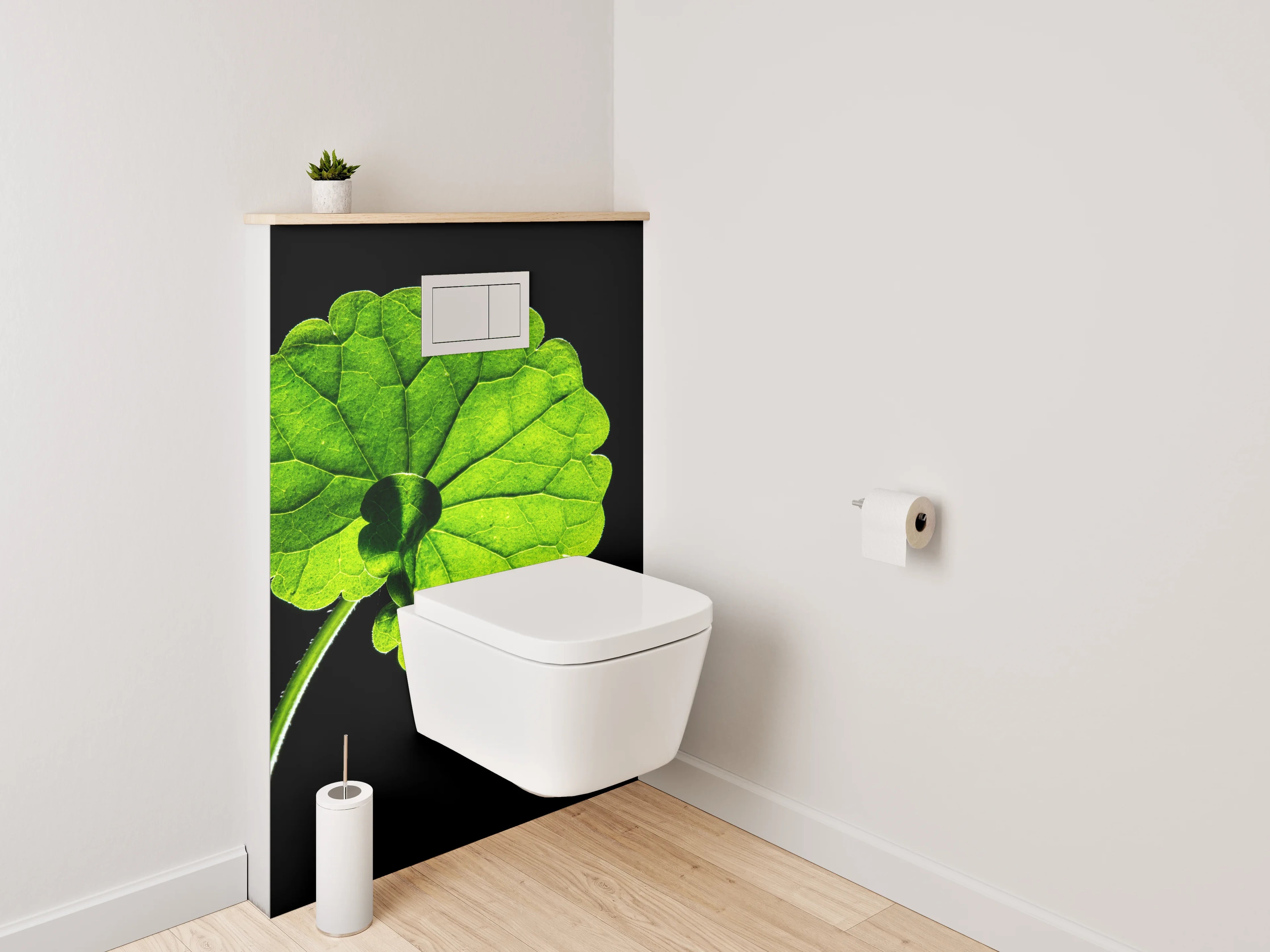 WC-Rückwand - Grünes Blatt auf Schwarz – Natur Akzent