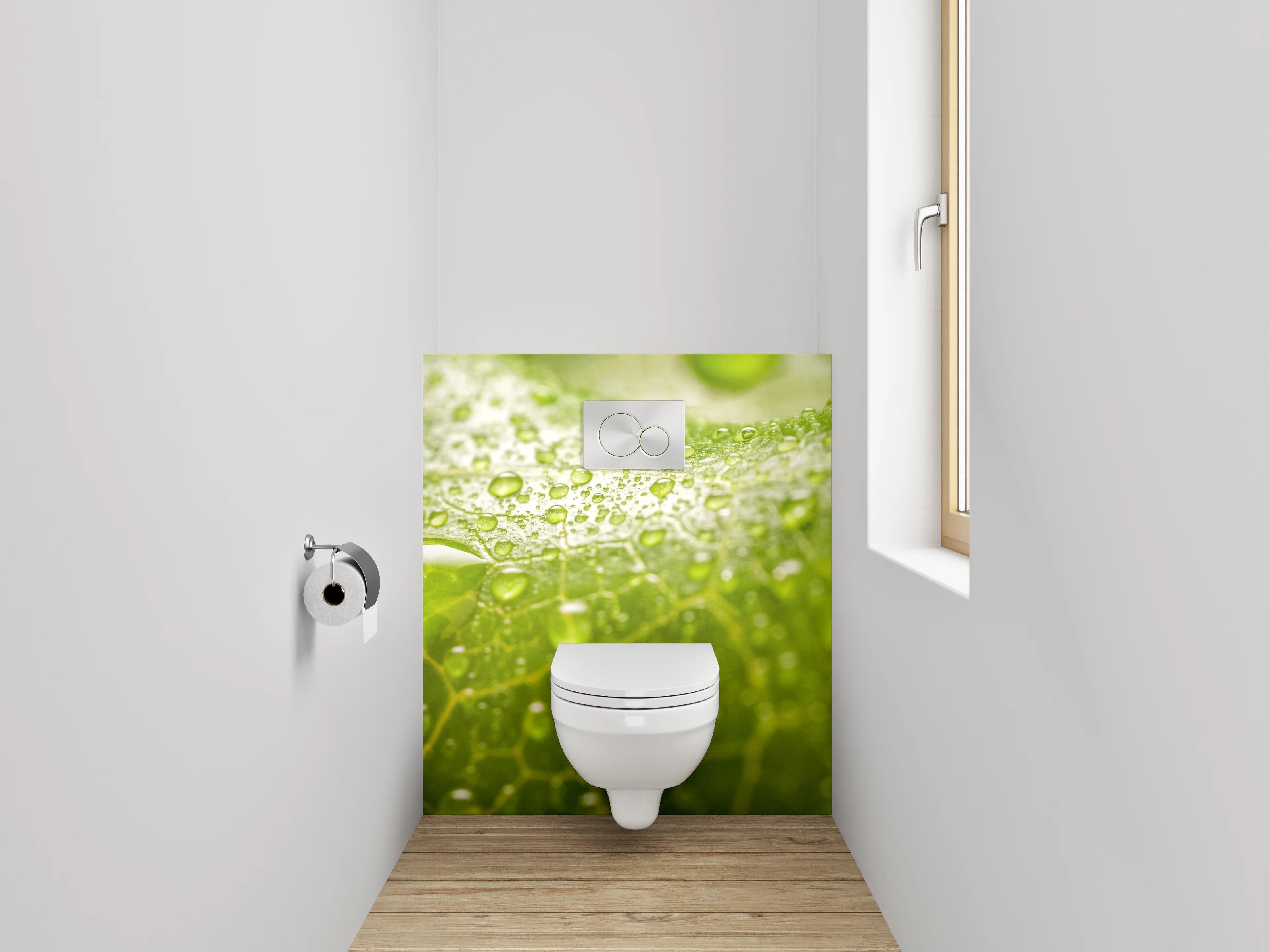 WC-Rückwand - Grünes Blatt mit Wassertropfen