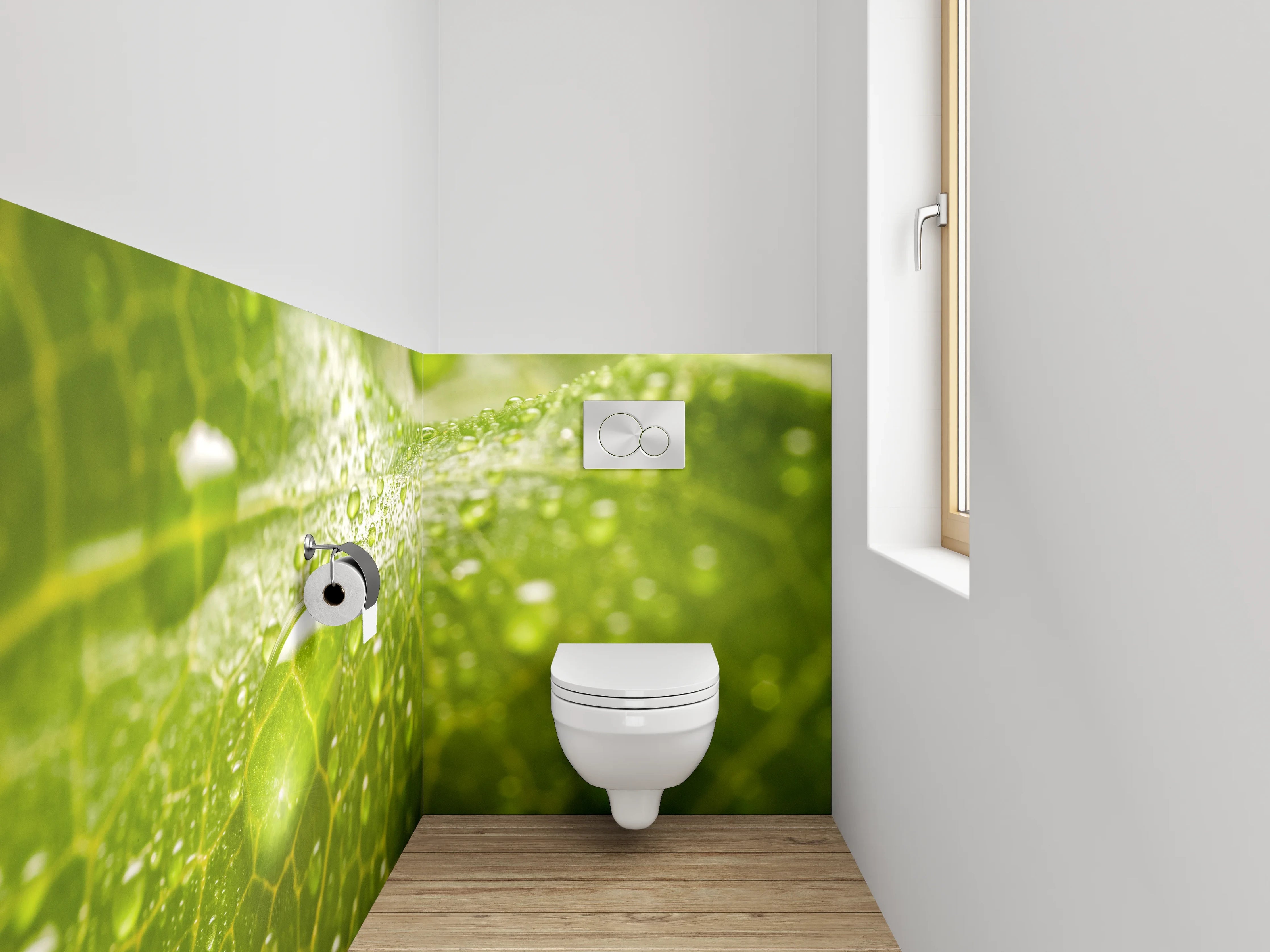 WC-Rückwand - Grünes Blatt mit Wassertropfen