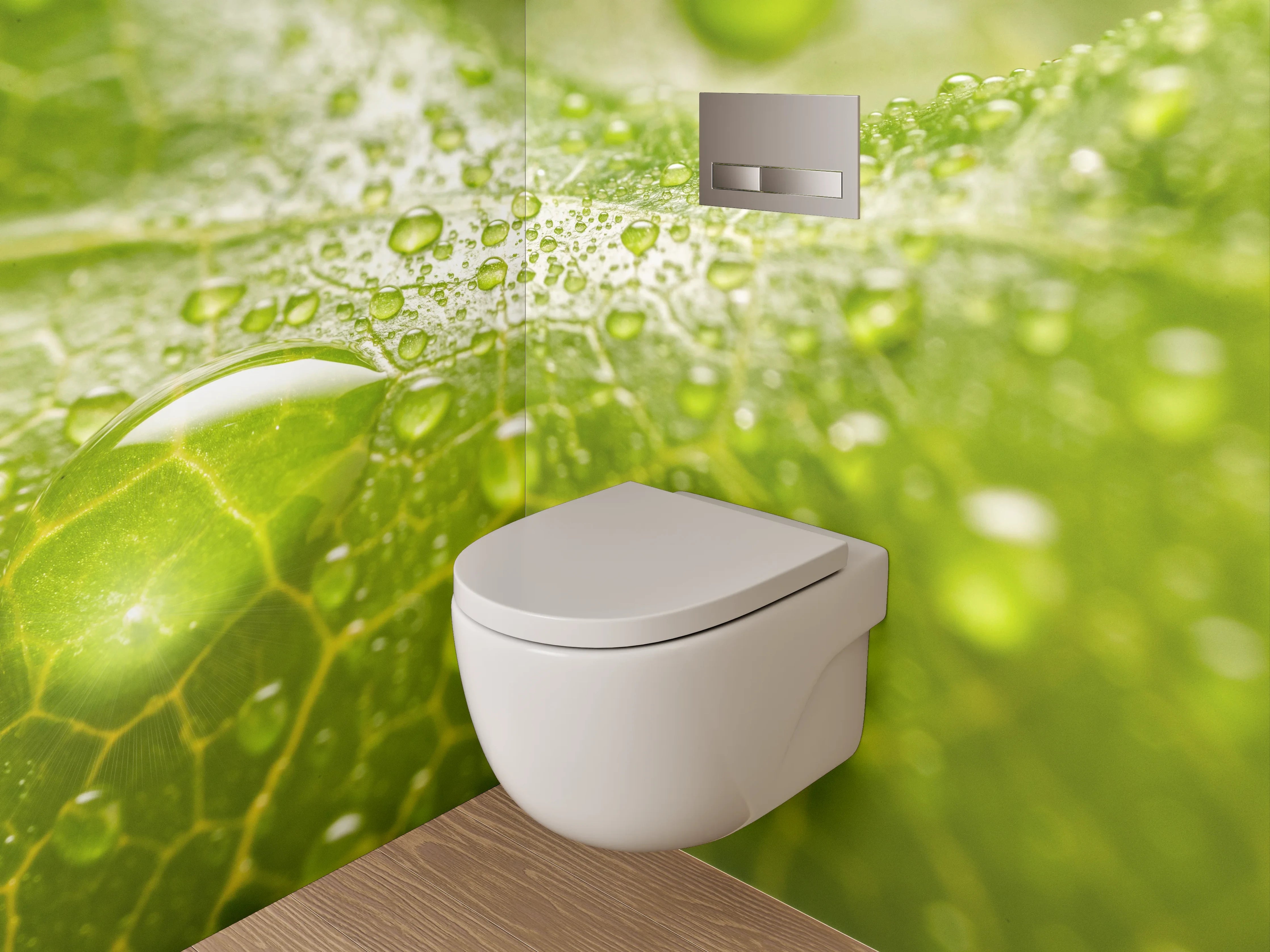 WC-Rückwand - Grünes Blatt mit Wassertropfen