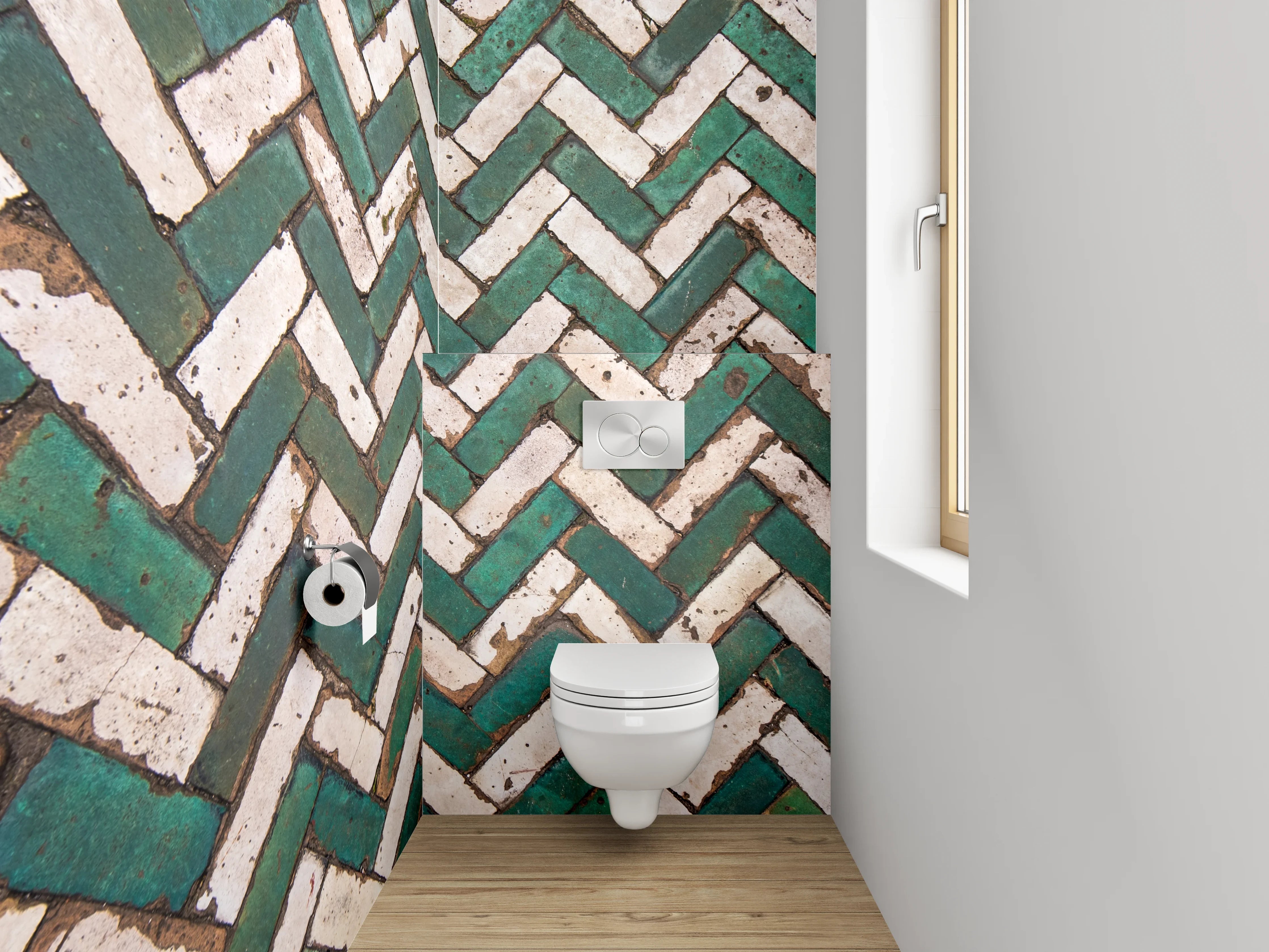 WC-Rückwand - Grünes Fischgrät-Mosaik-Fliesenmuster