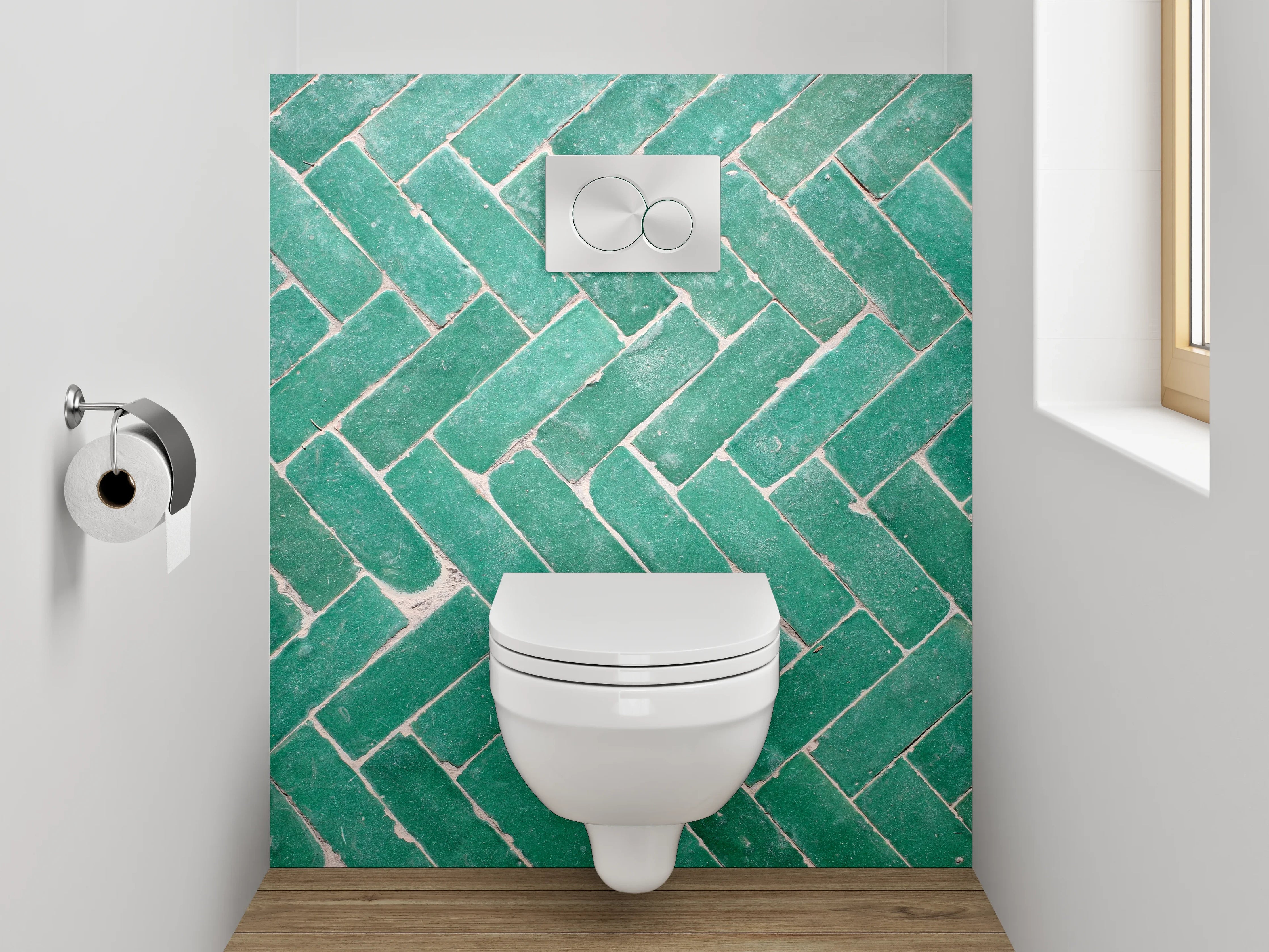 WC-Rückwand - Grünes Fliesenmuster im Fischgrät-Design