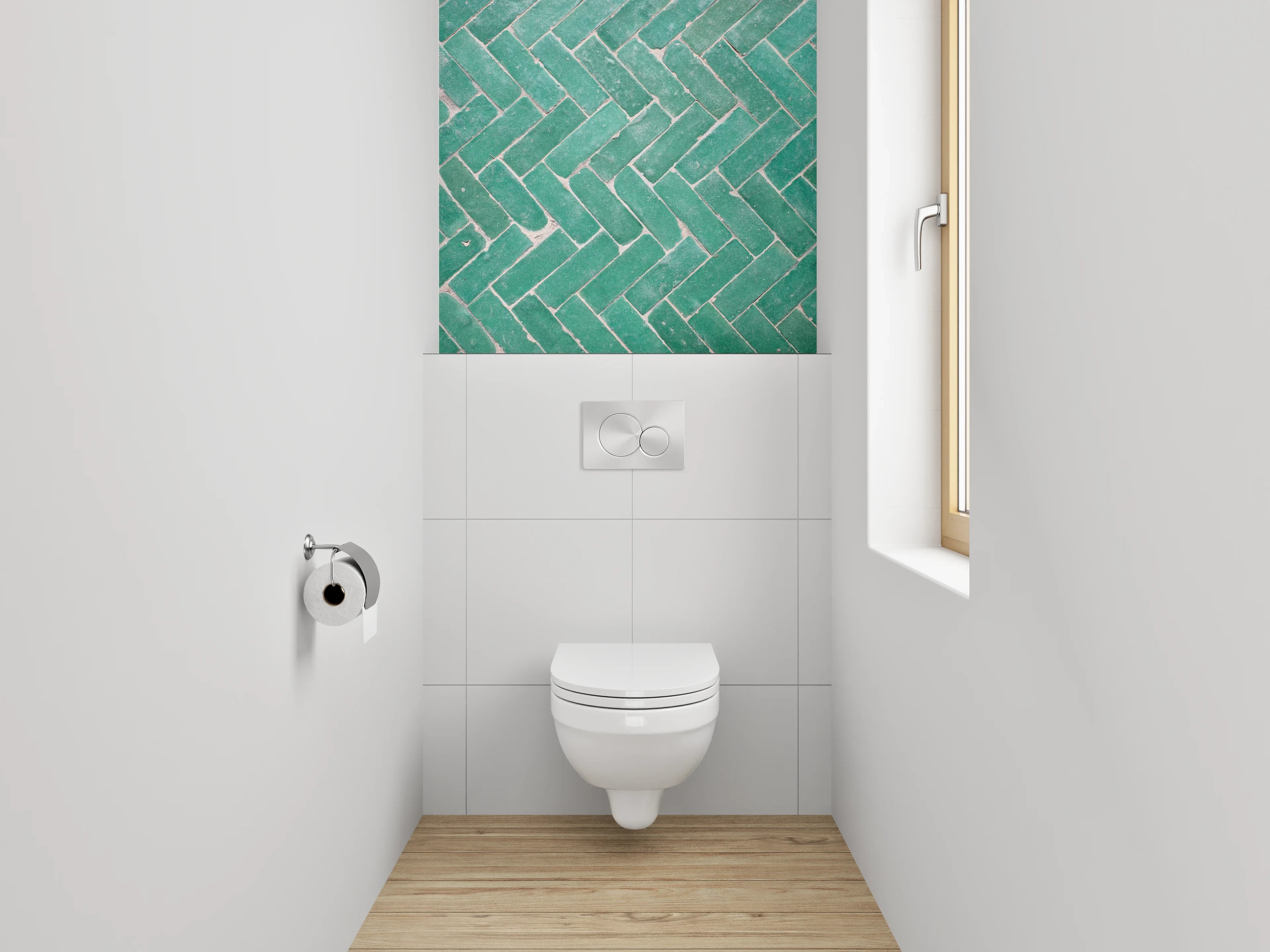 WC-Rückwand - Grünes Fliesenmuster im Fischgrät-Design