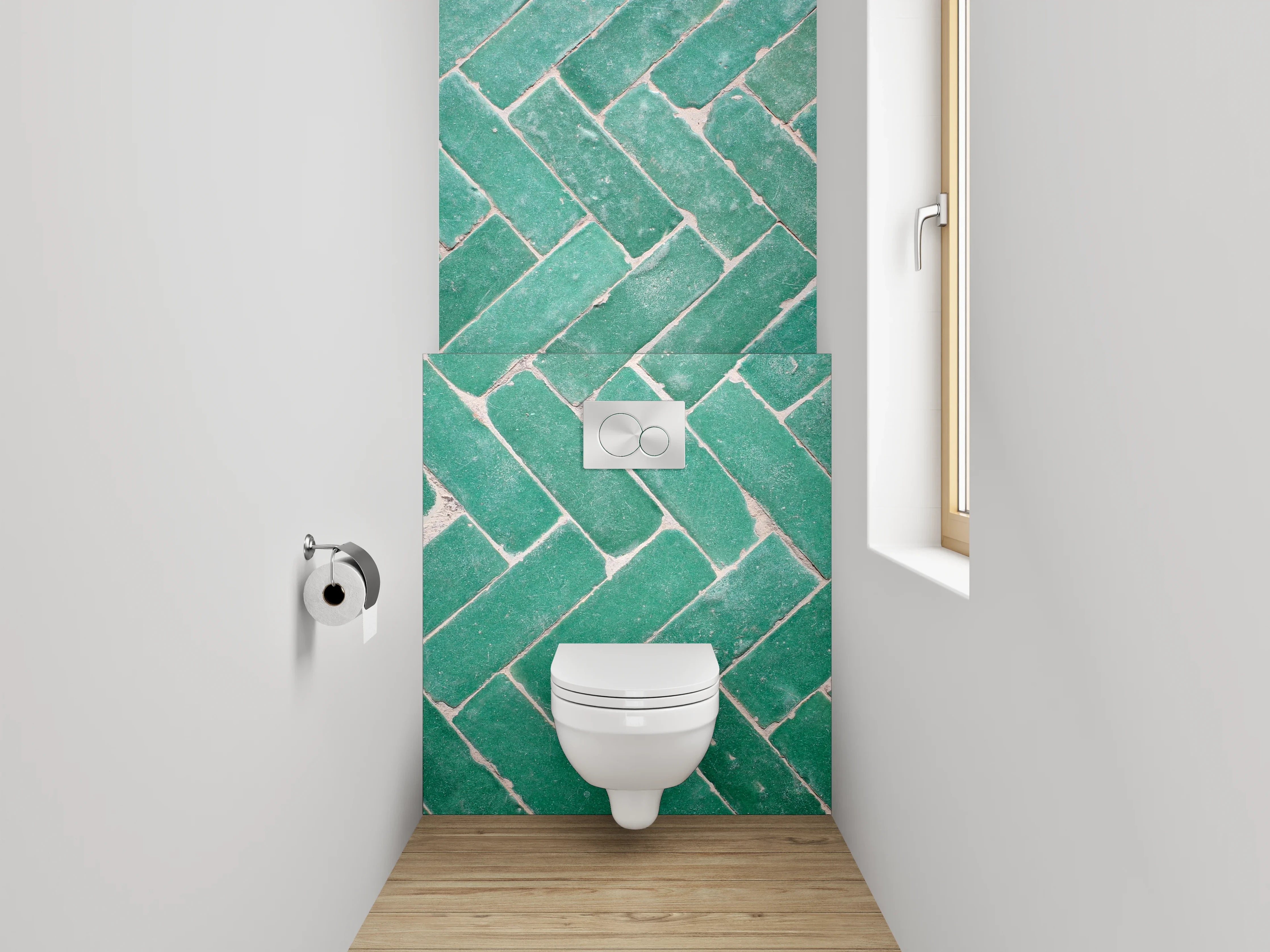 WC-Rückwand - Grünes Fliesenmuster im Fischgrät-Design