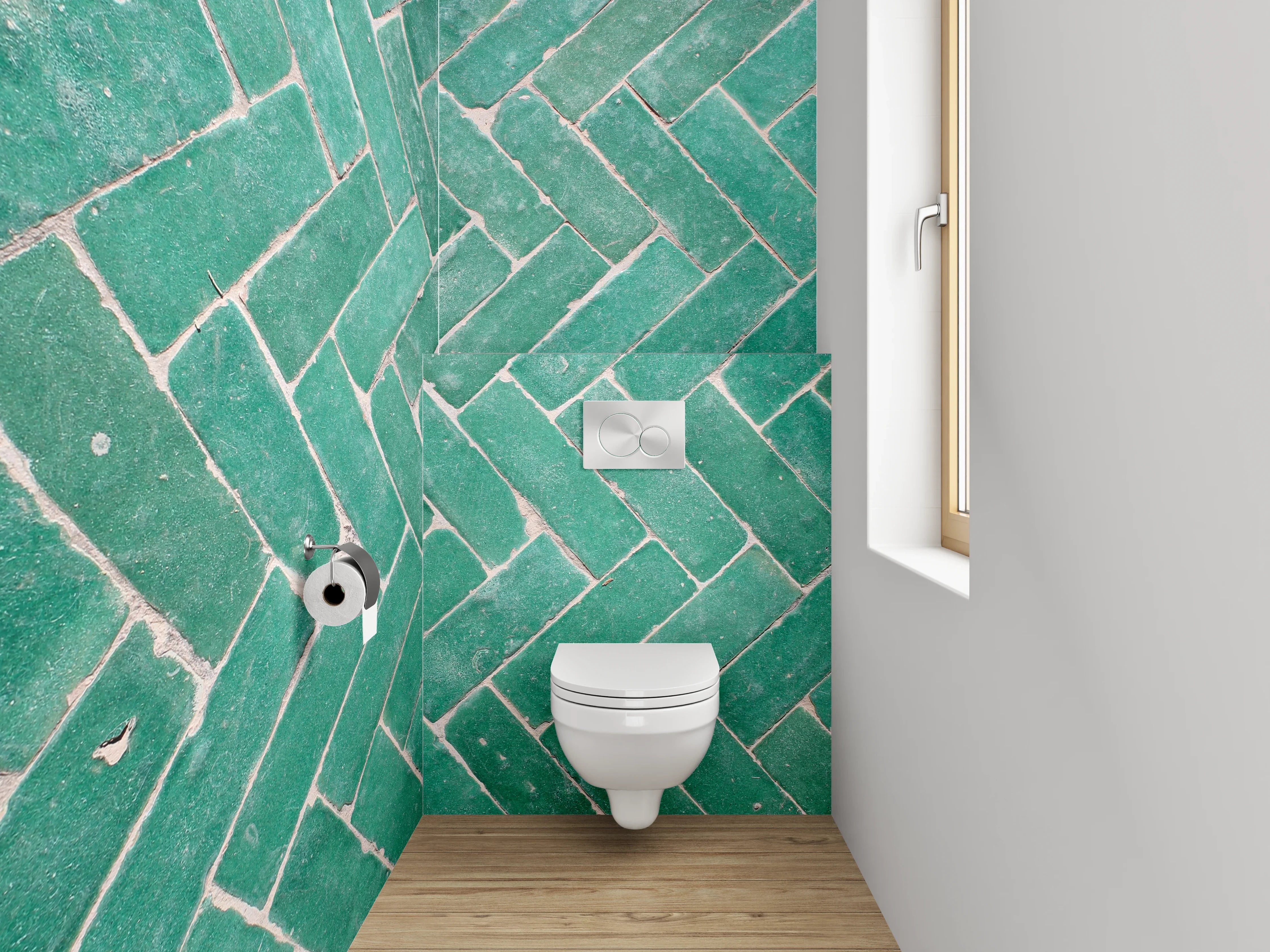 WC-Rückwand - Grünes Fliesenmuster im Fischgrät-Design