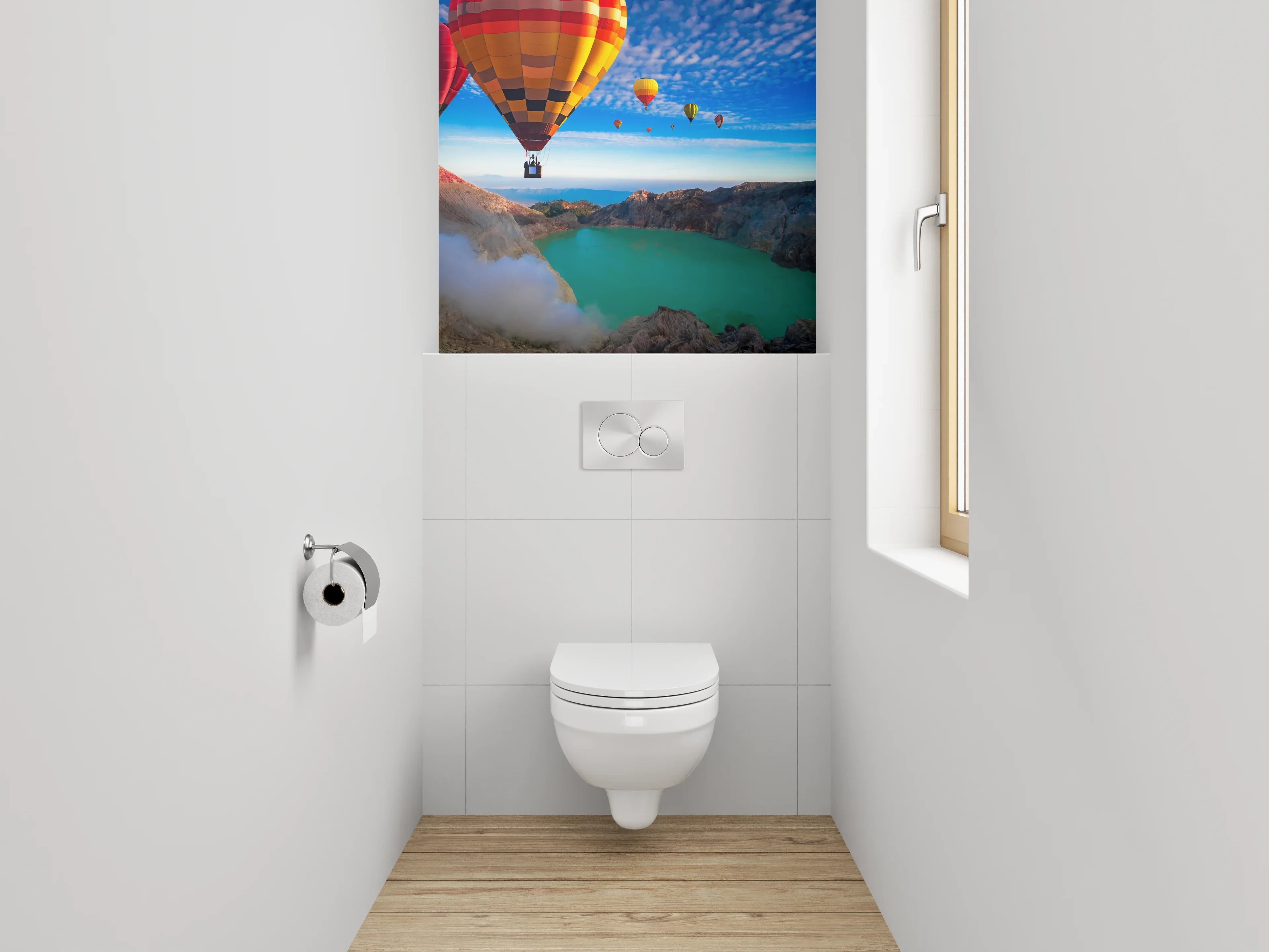 WC-Rückwand - Heißluftballons über türkisfarbenem Kratersee