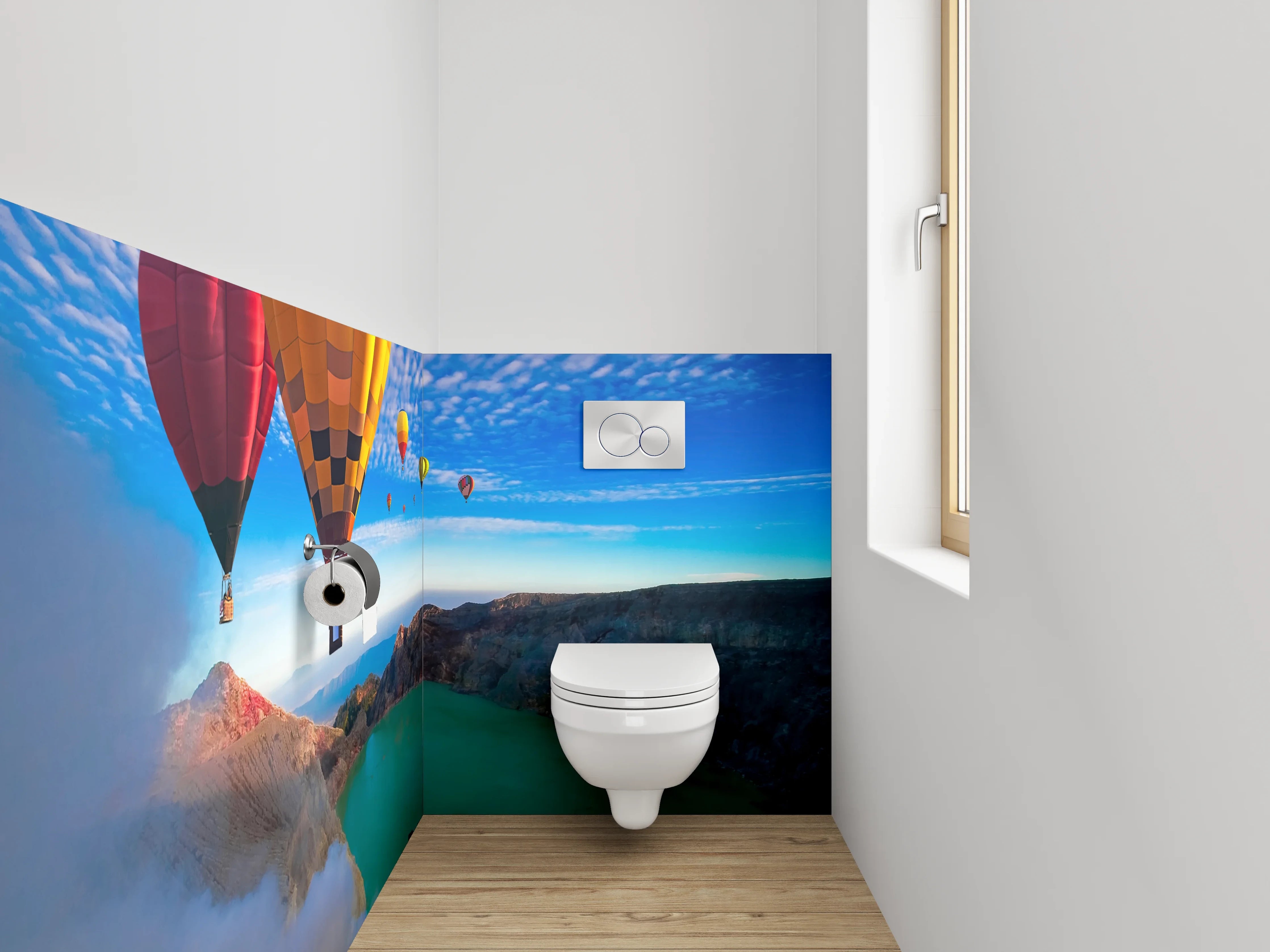 WC-Rückwand - Heißluftballons über türkisfarbenem Kratersee